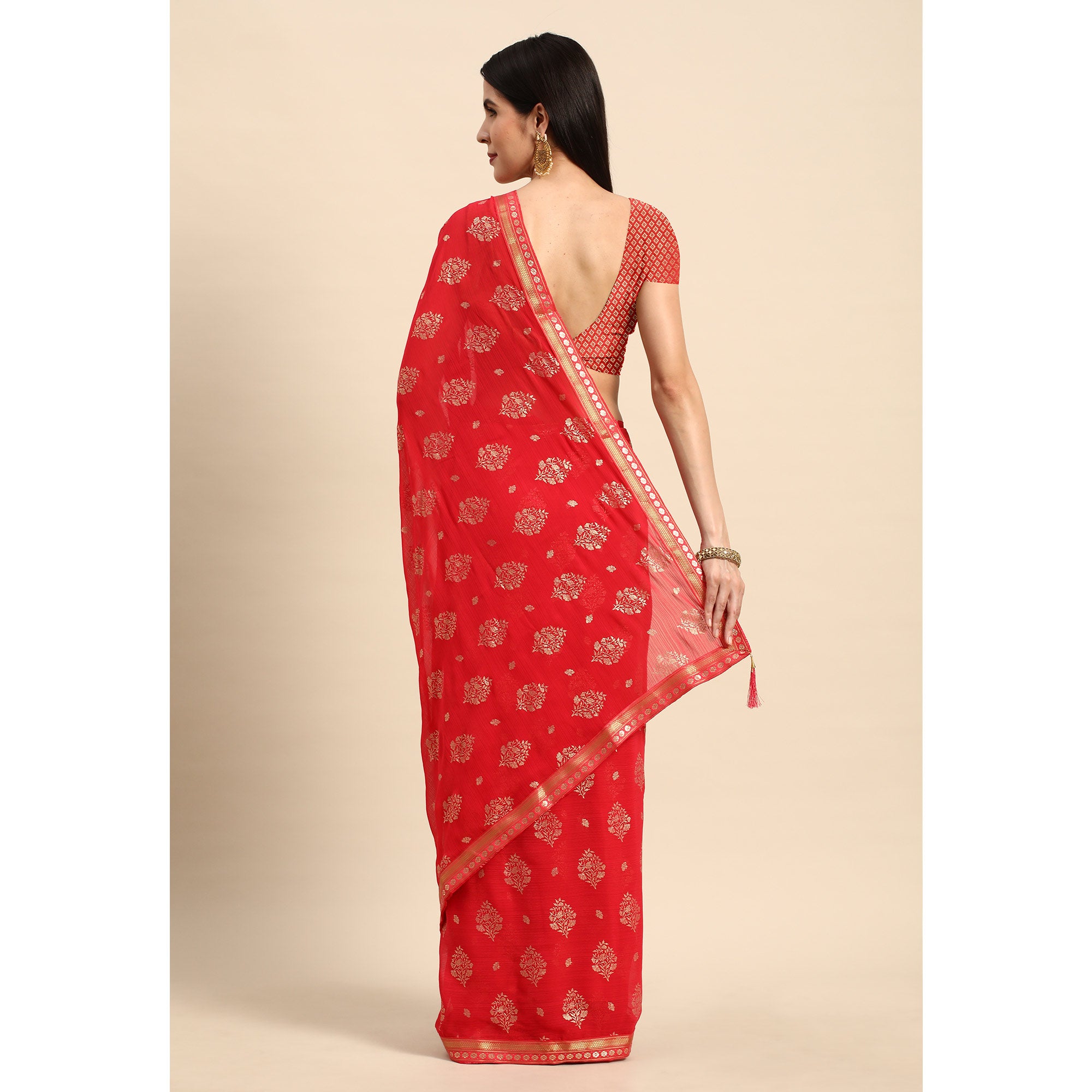 Red Floral Foil Printed Chiffon Saree With Tassels