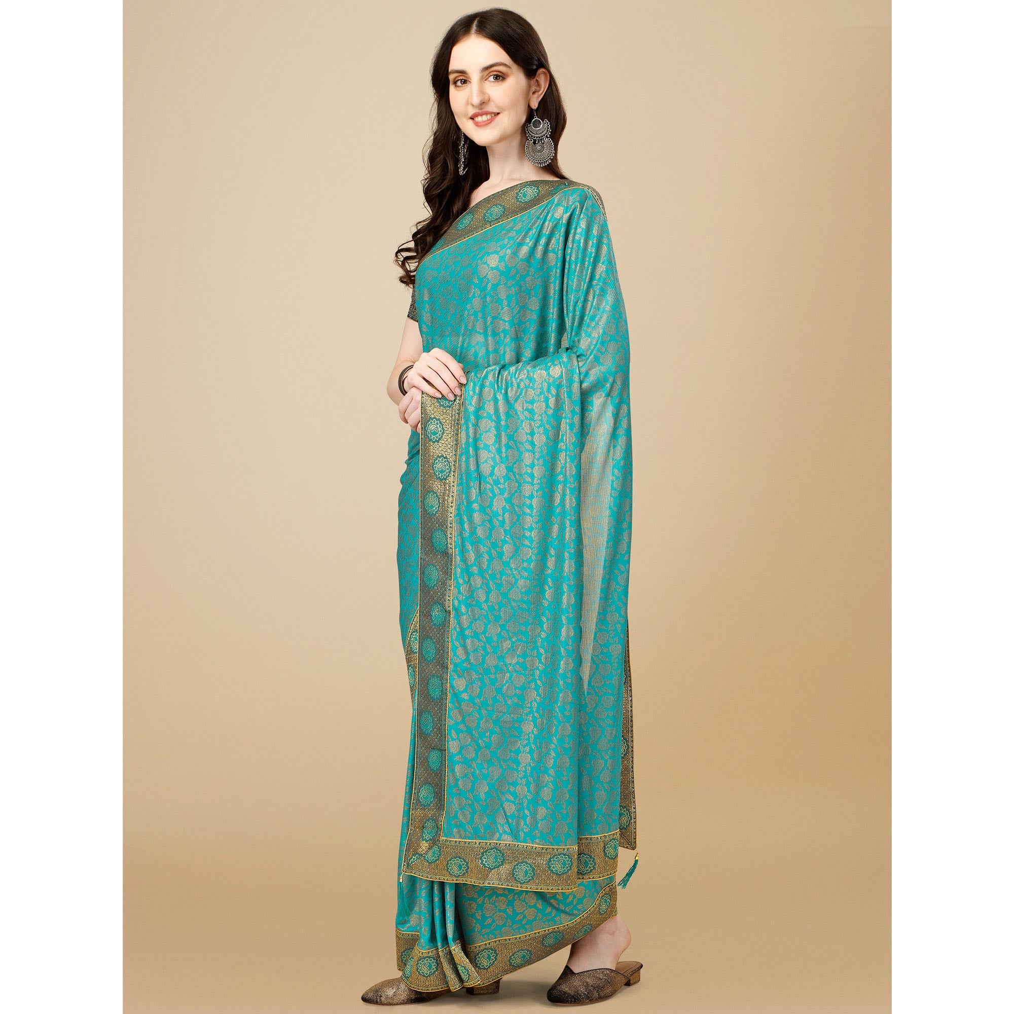 Teal Blue Floral Handloom Woven Rayon Saree