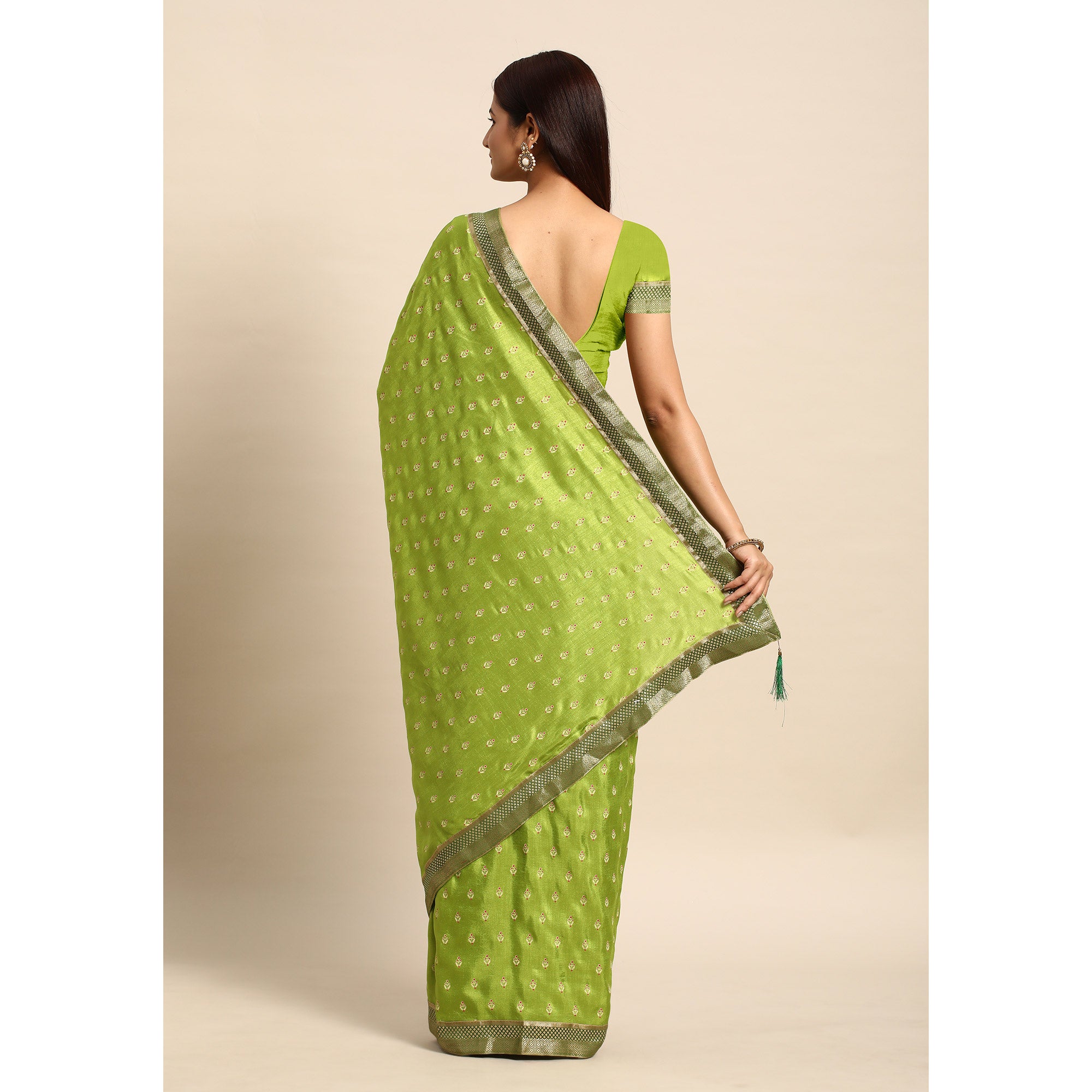 Green Floral Printed Vichitra Silk Saree With Tassels