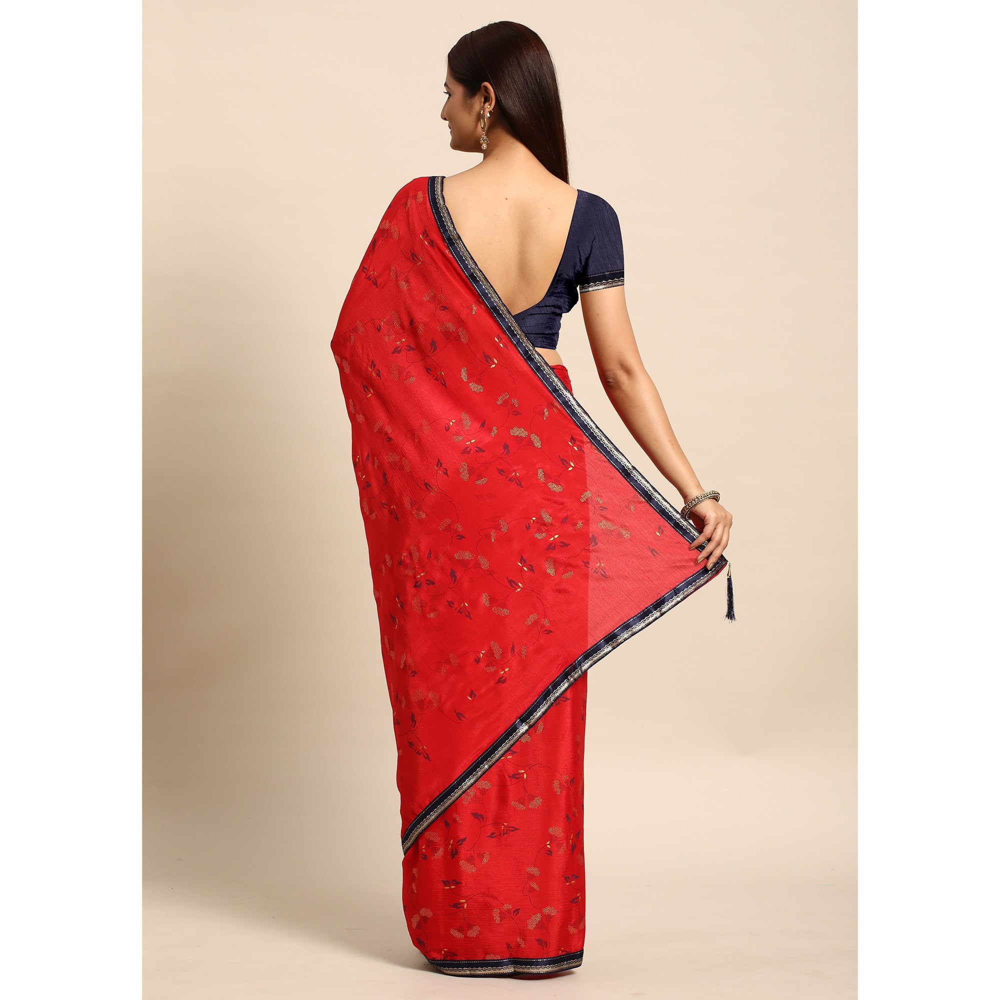 Red Foil Printed Chiffon Saree