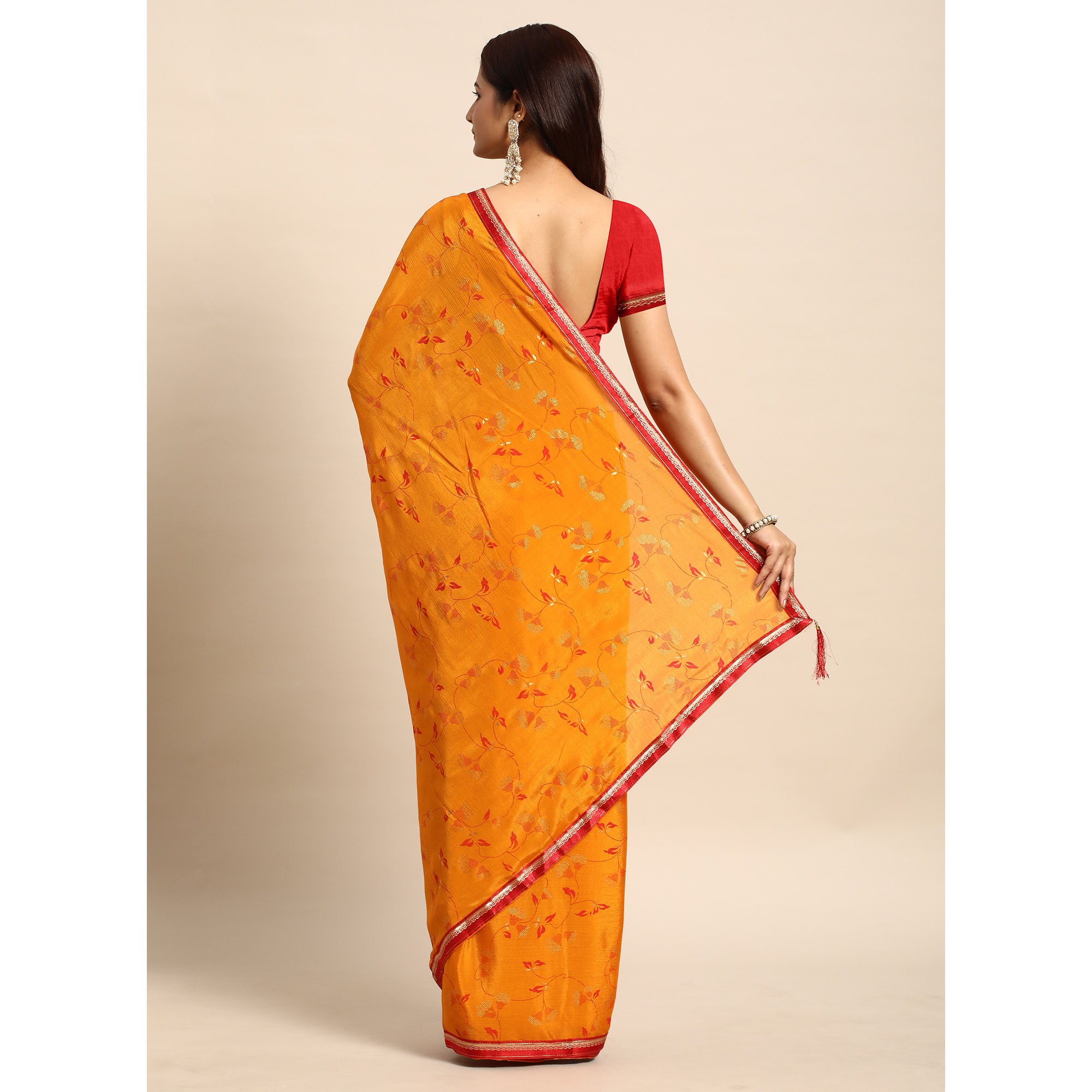 Orange Foil Printed Chiffon Saree