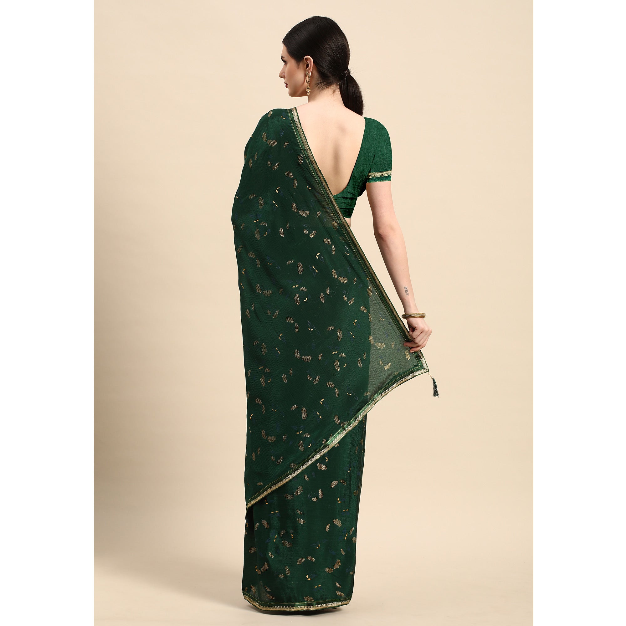 Green Foil Printed Chiffon Saree