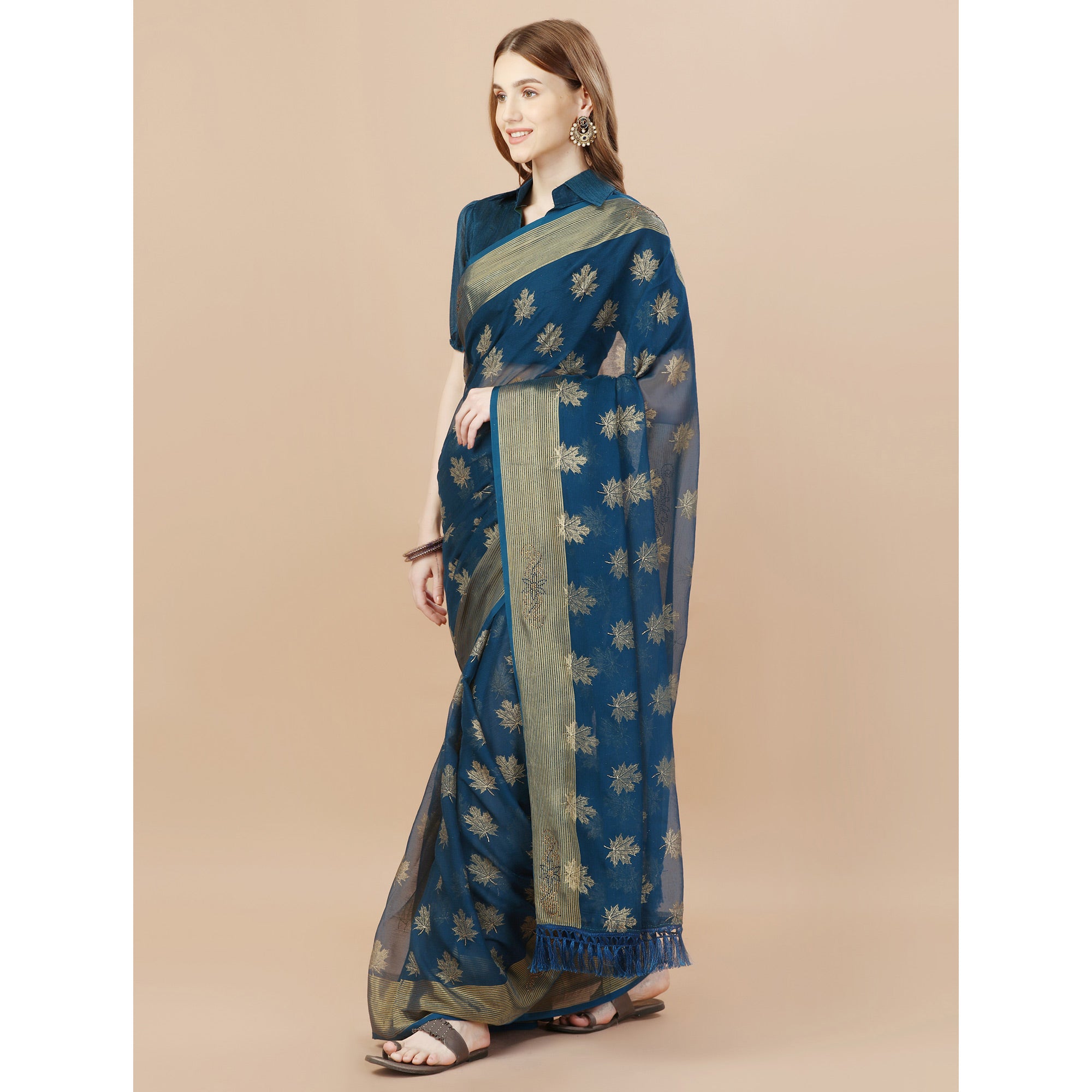 Teal Blue Zari Work Chiffon Saree With Tassels