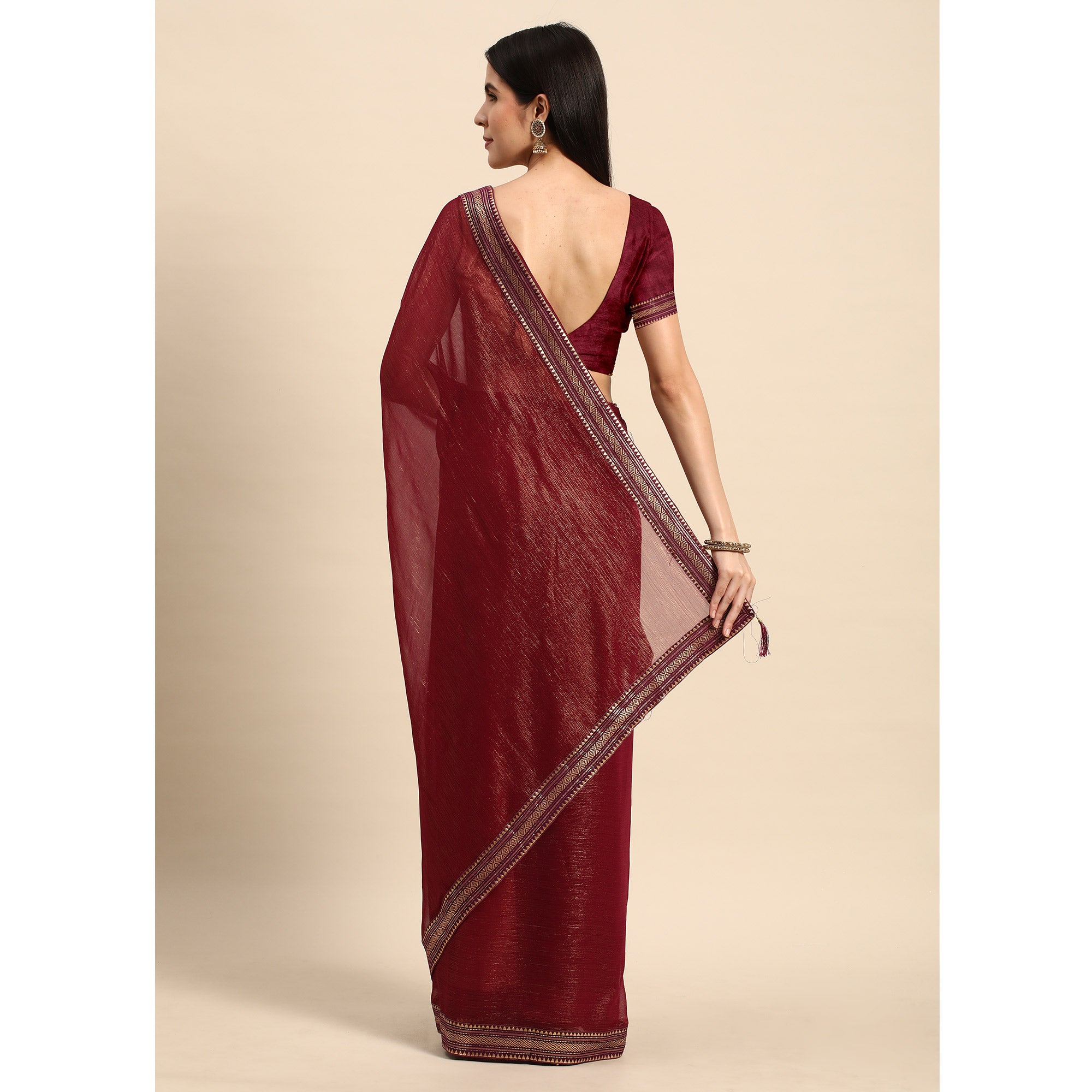 Wine Solid With Woven Border Chiffon Saree With Tassels