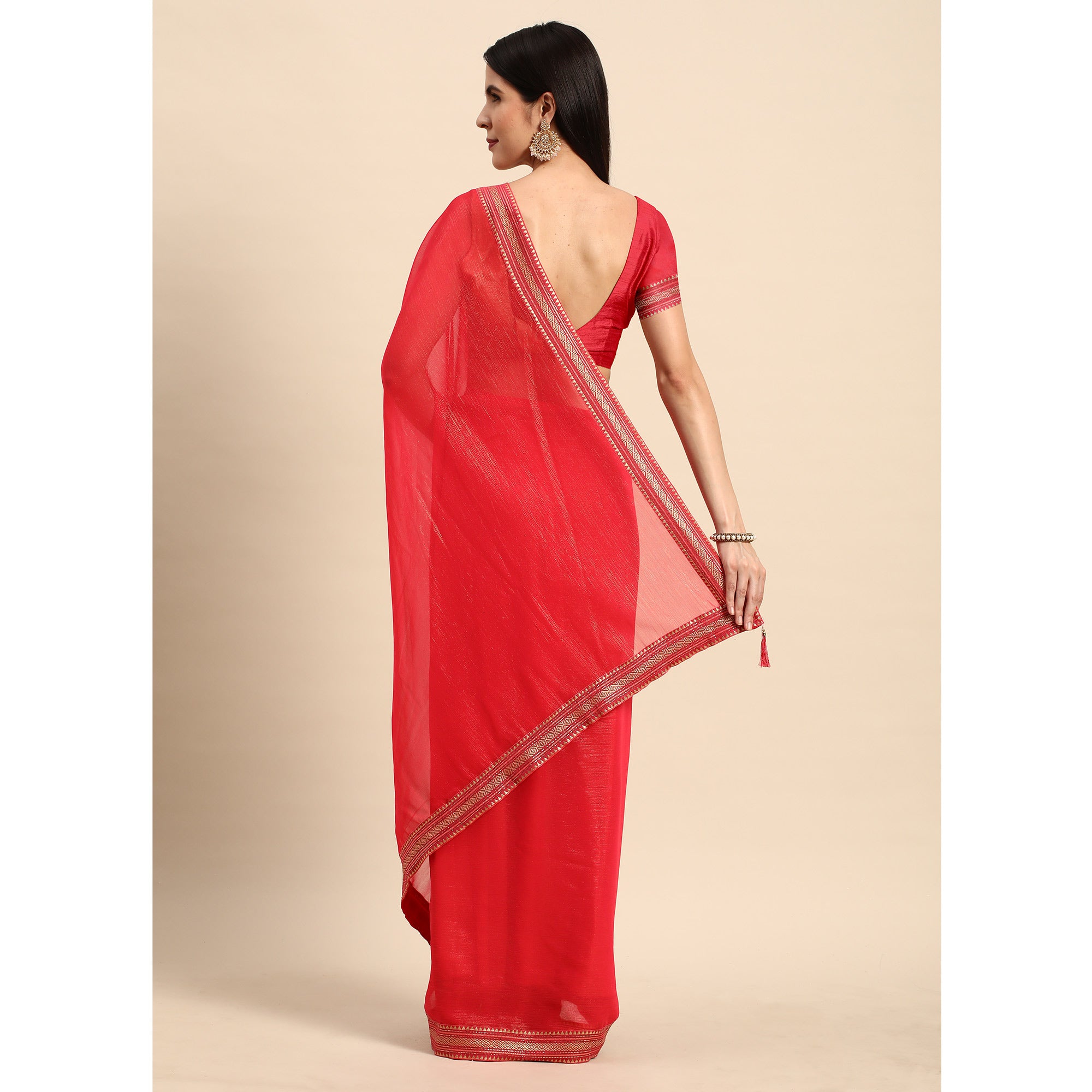 Pink Solid With Woven Border Chiffon Saree With Tassels