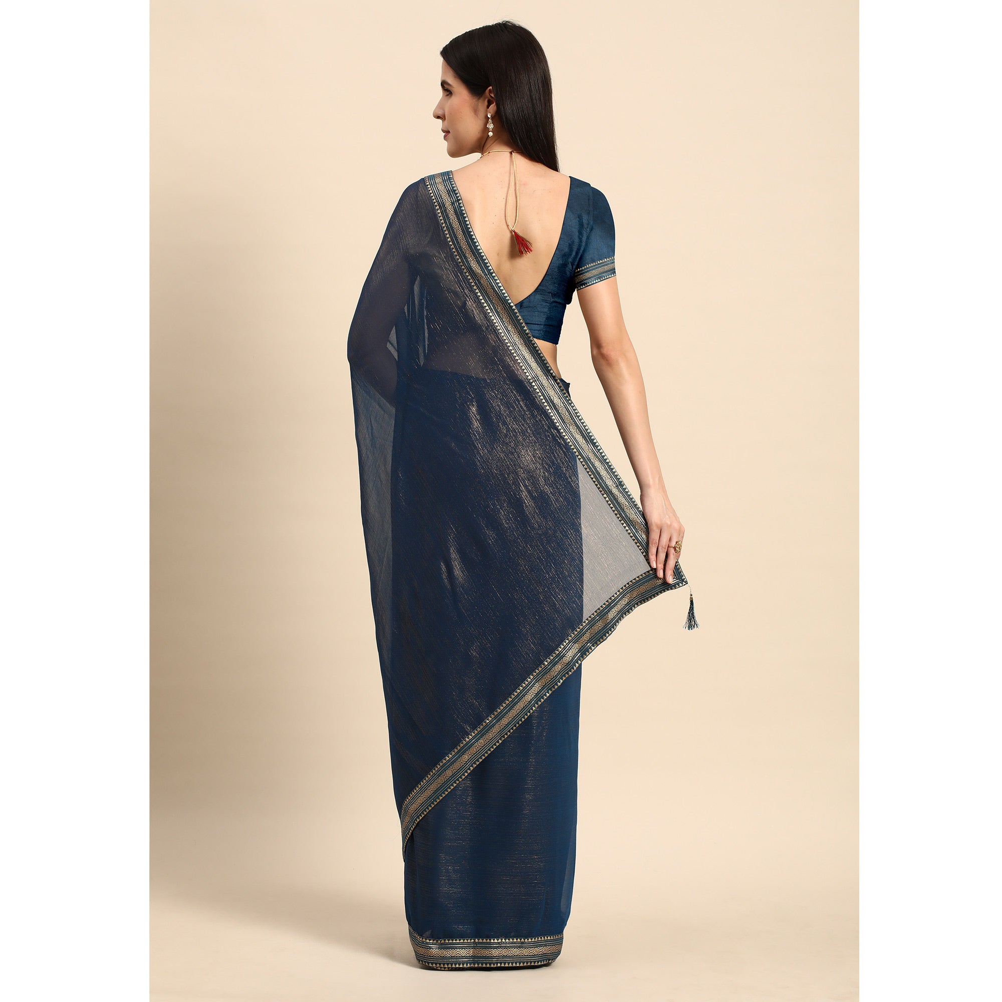 Blue Solid With Woven Border Chiffon Saree With Tassels