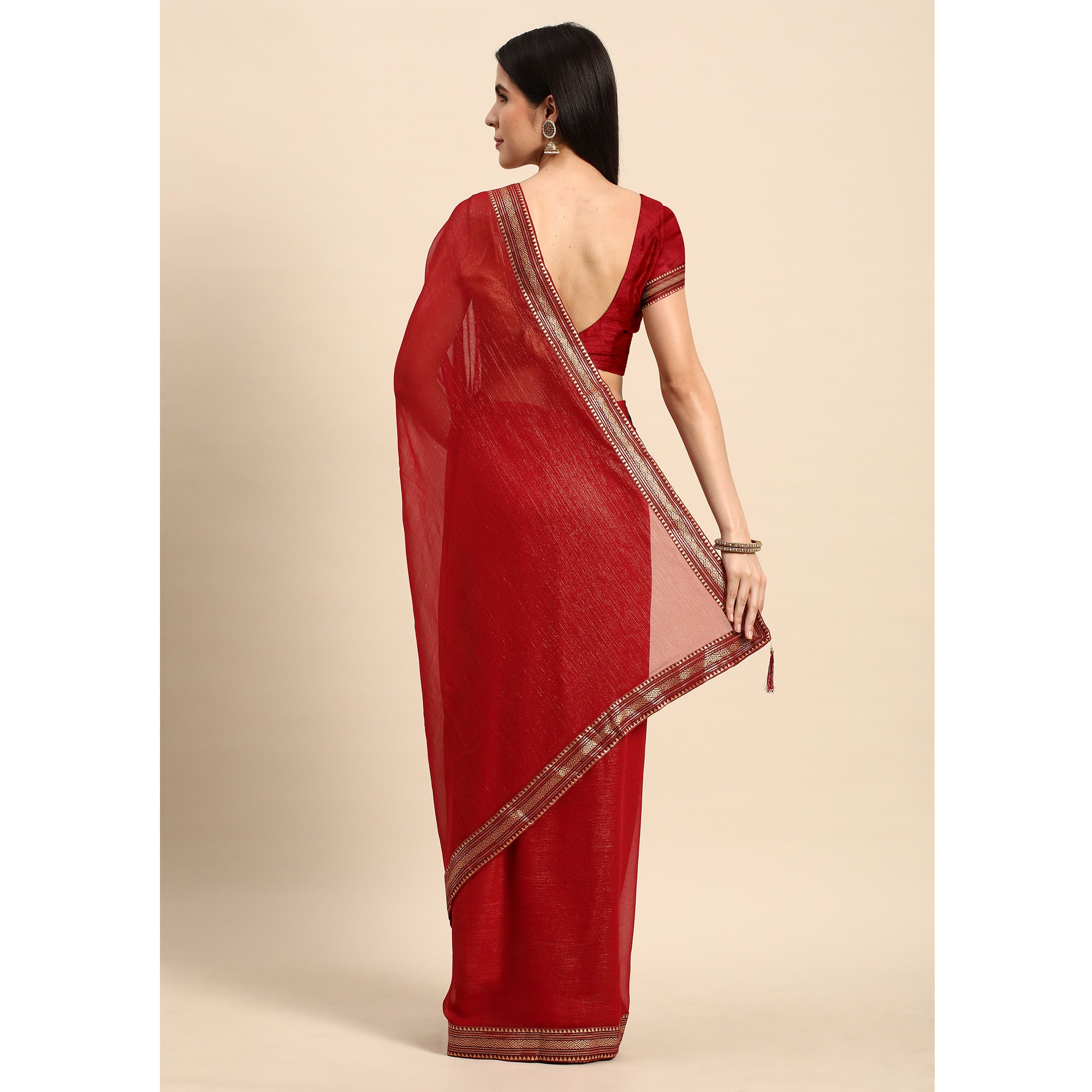 Maroon Solid With Woven Border Chiffon Saree With Tassels