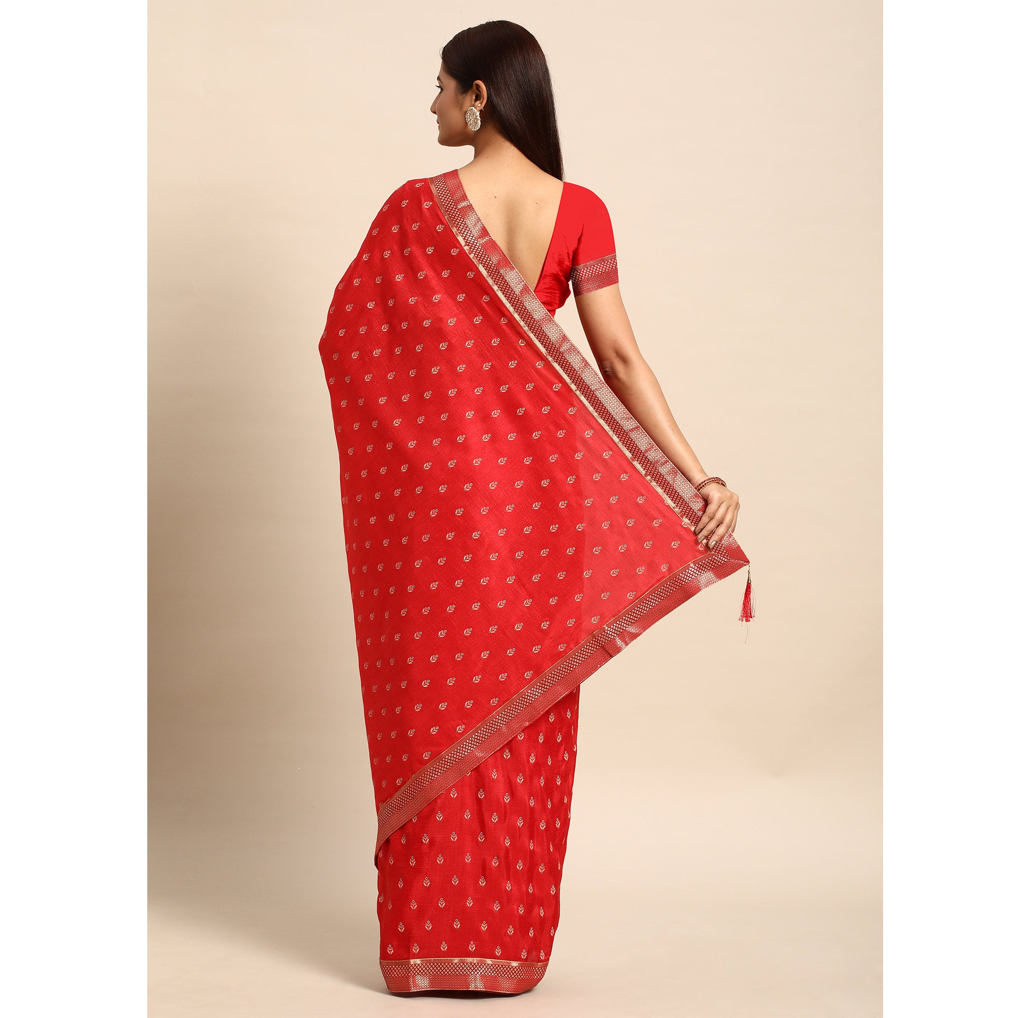 Red Floral Printed Vichitra Silk Saree With Tassels