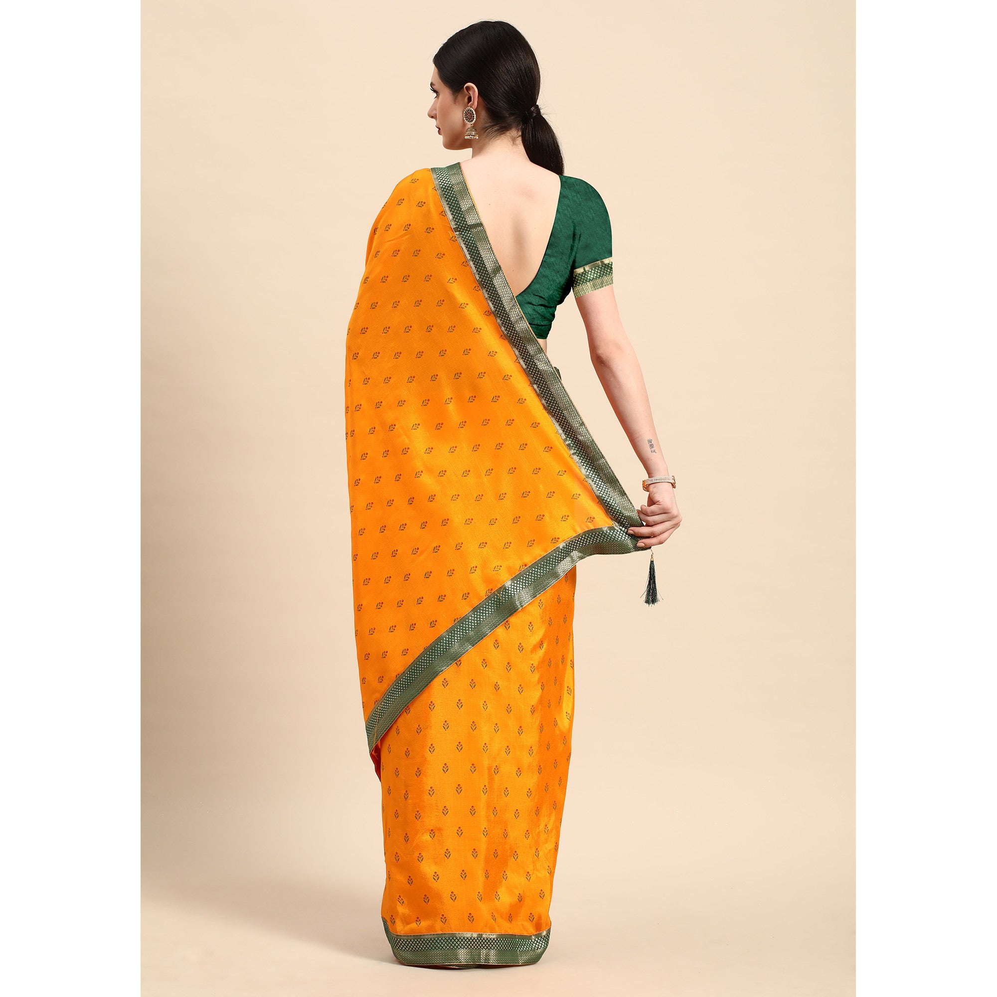 Yellow Floral Printed Vichitra Silk Saree With Tassels