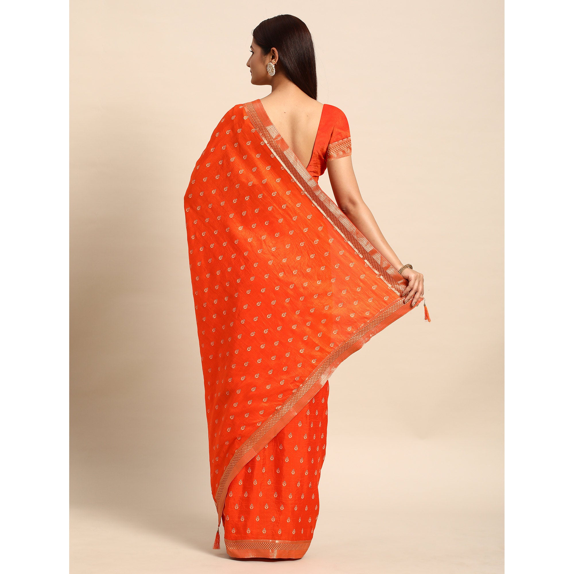 Orange Floral Printed Vichitra Silk Saree With Tassels