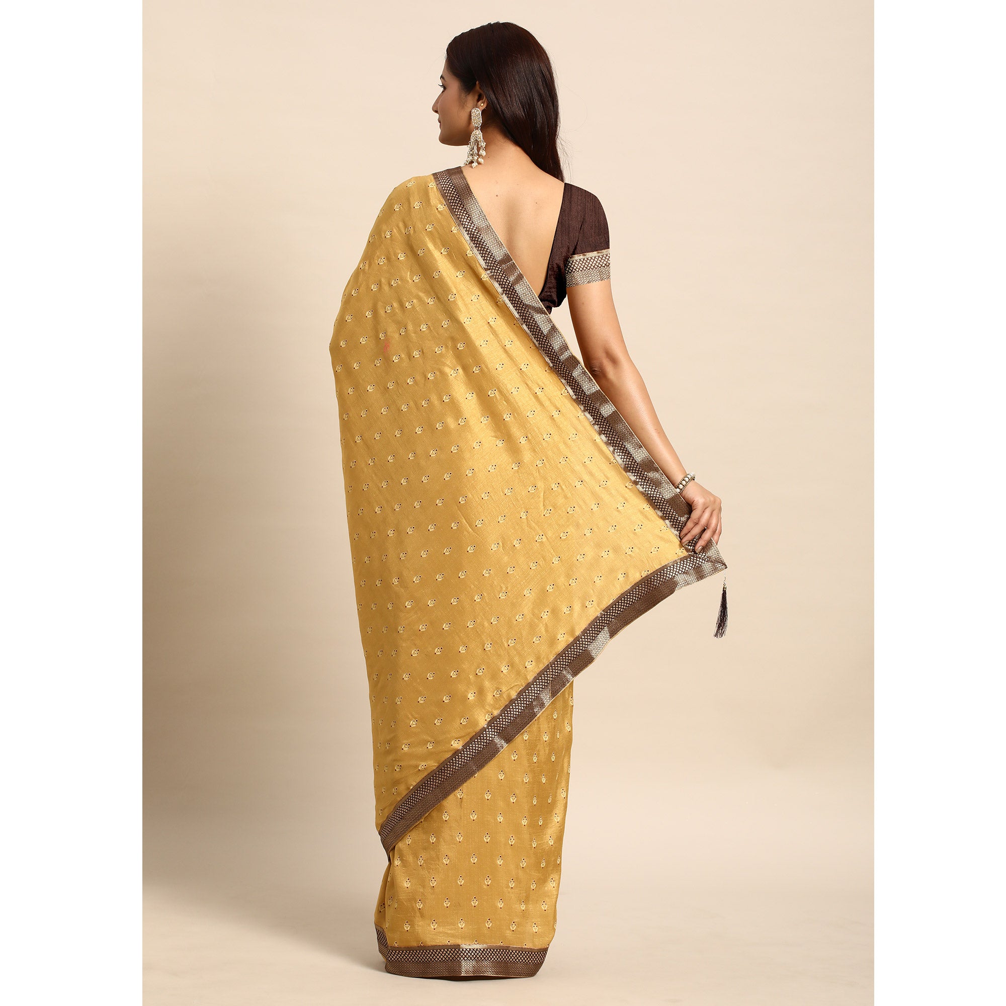 Beige Floral Printed Vichitra Silk Saree With Tassels