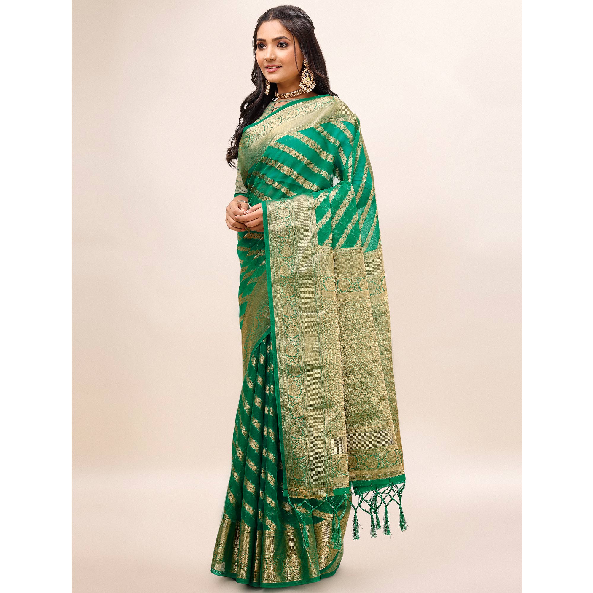 Green Woven Organza Saree With Tassels