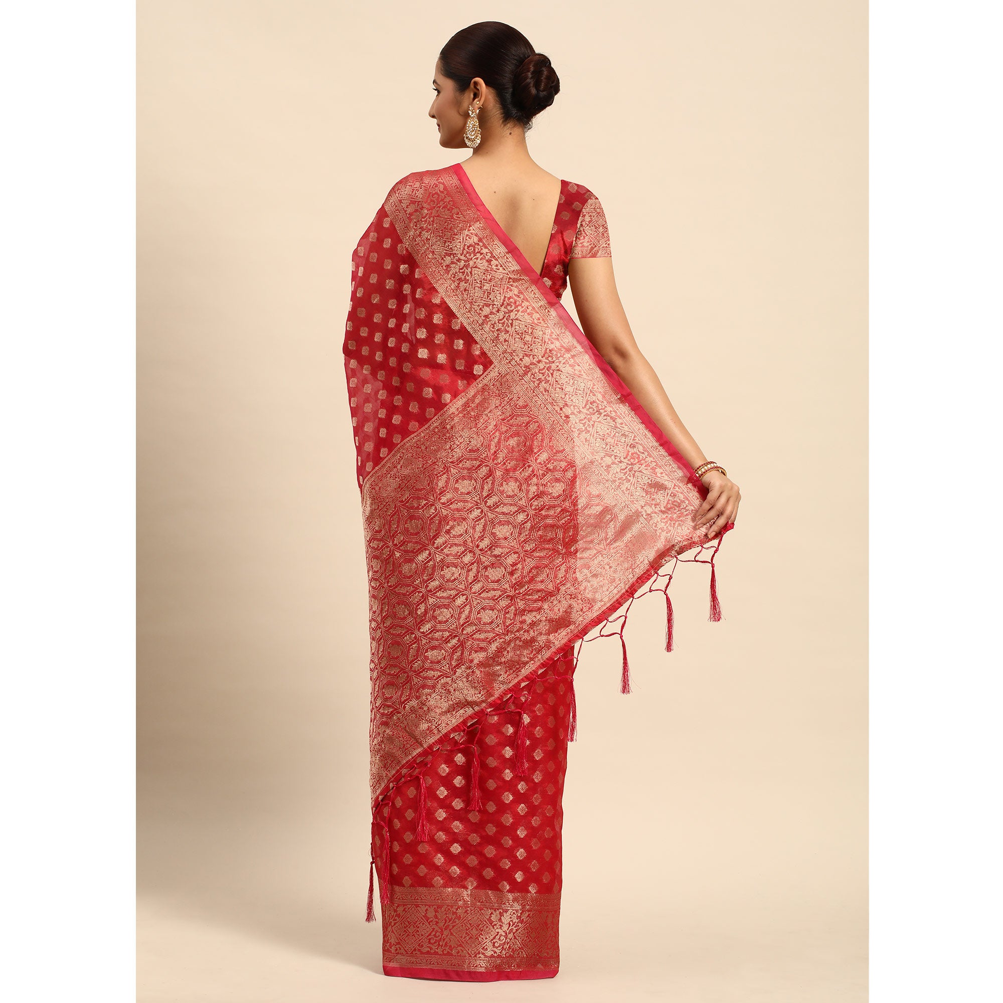 Red Woven Organza Silk Saree With Tassels