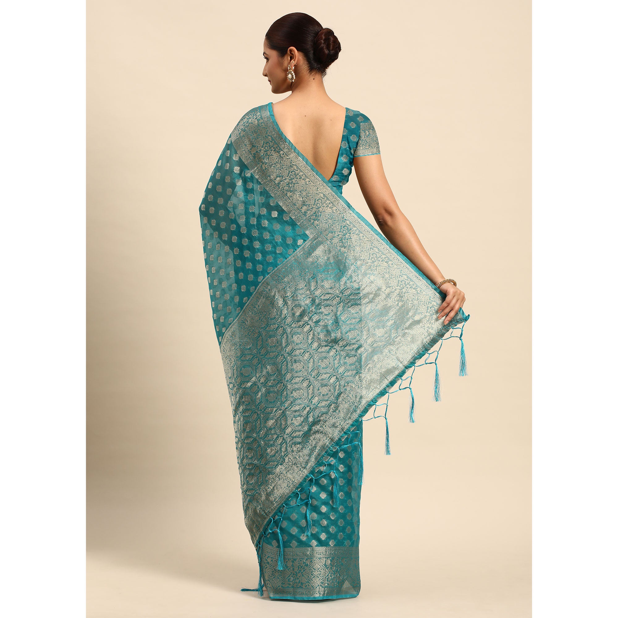 Turquoise Woven Organza Silk Saree With Tassels