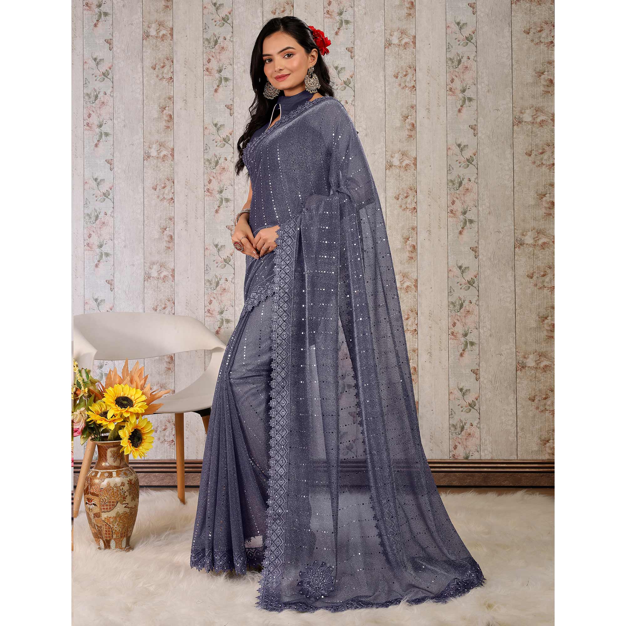 Blue Tikali With Floral Embroidered Lycra Saree