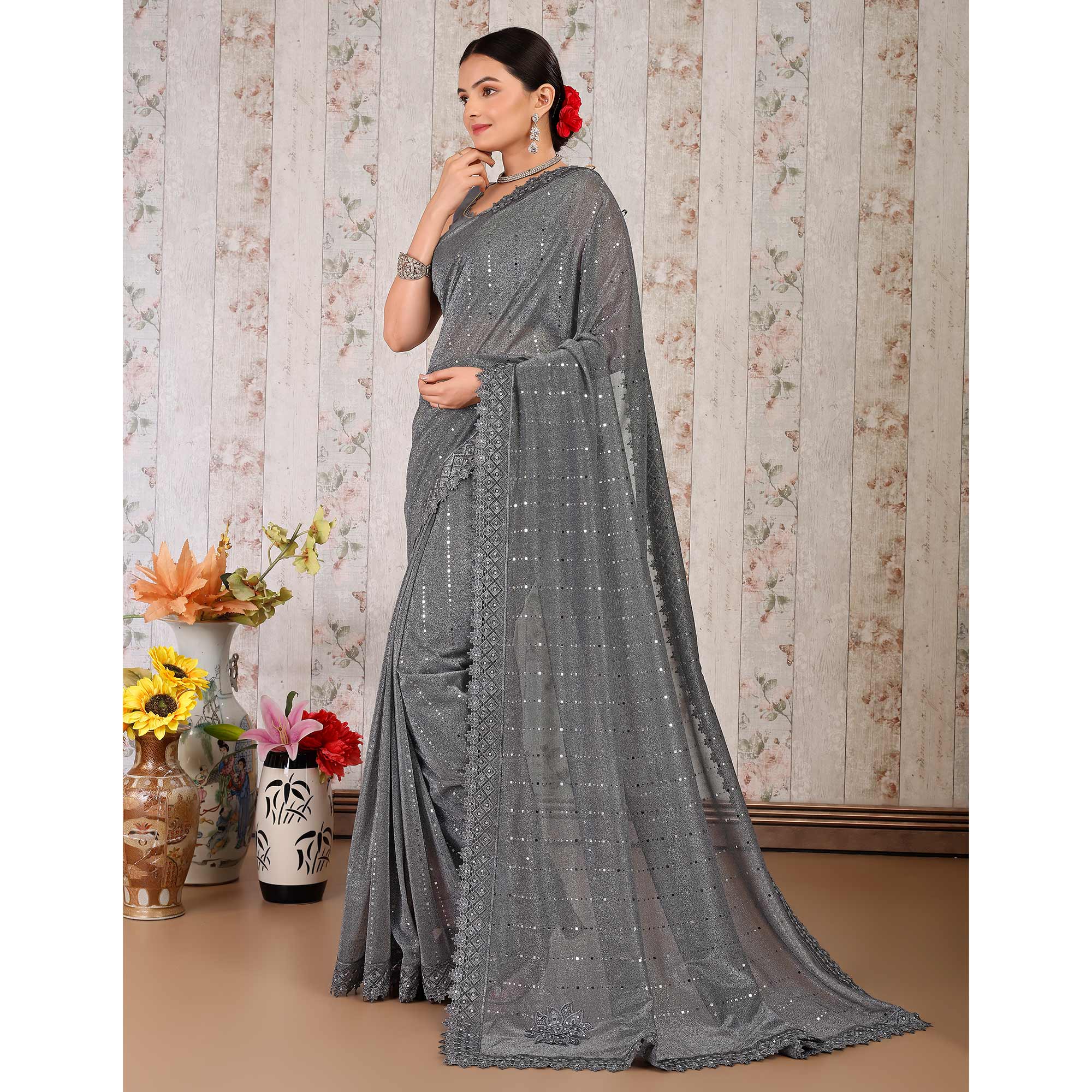 Grey Tikali With Floral Embroidered Lycra Saree