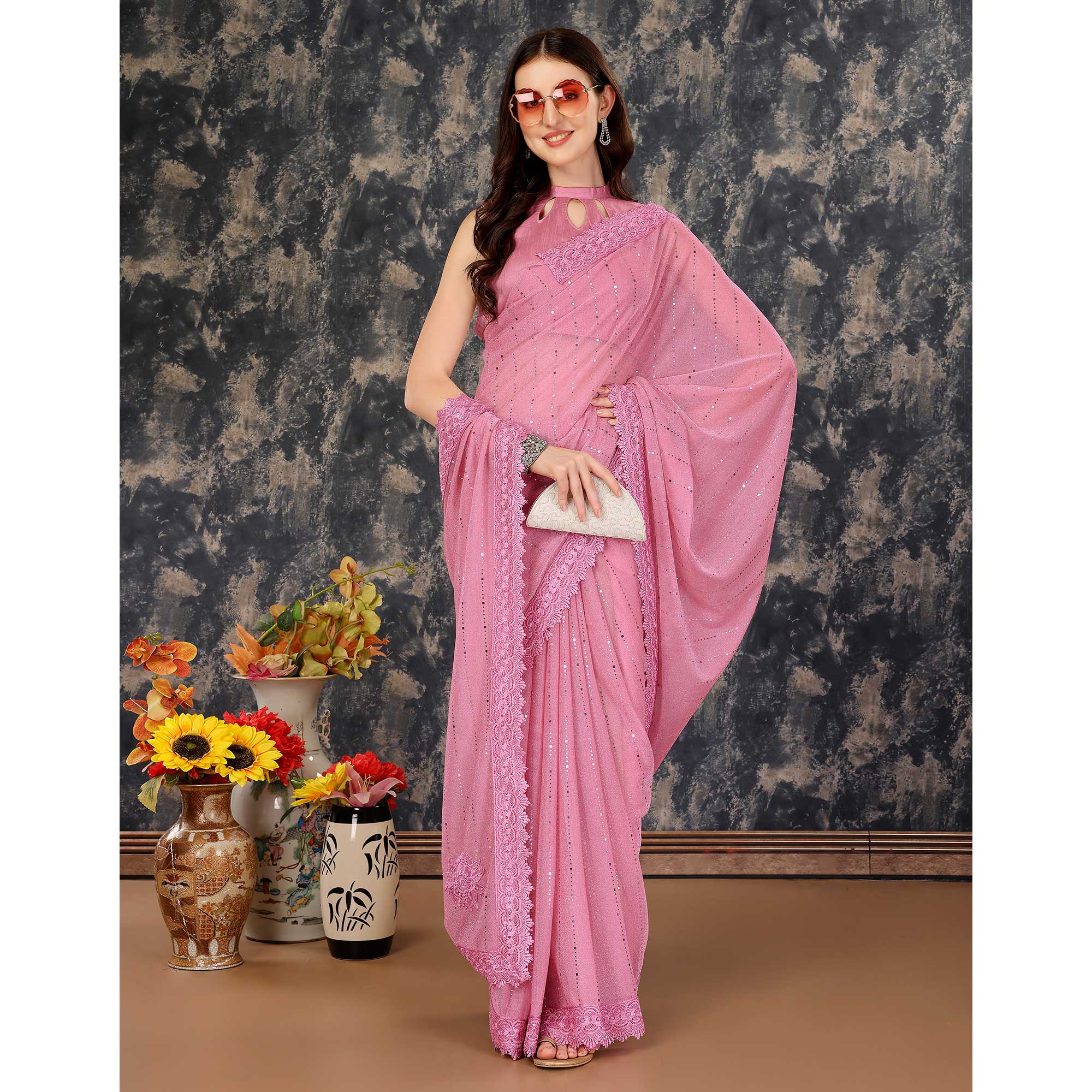 Pink Tikali With Floral Embroidered Lycra Saree