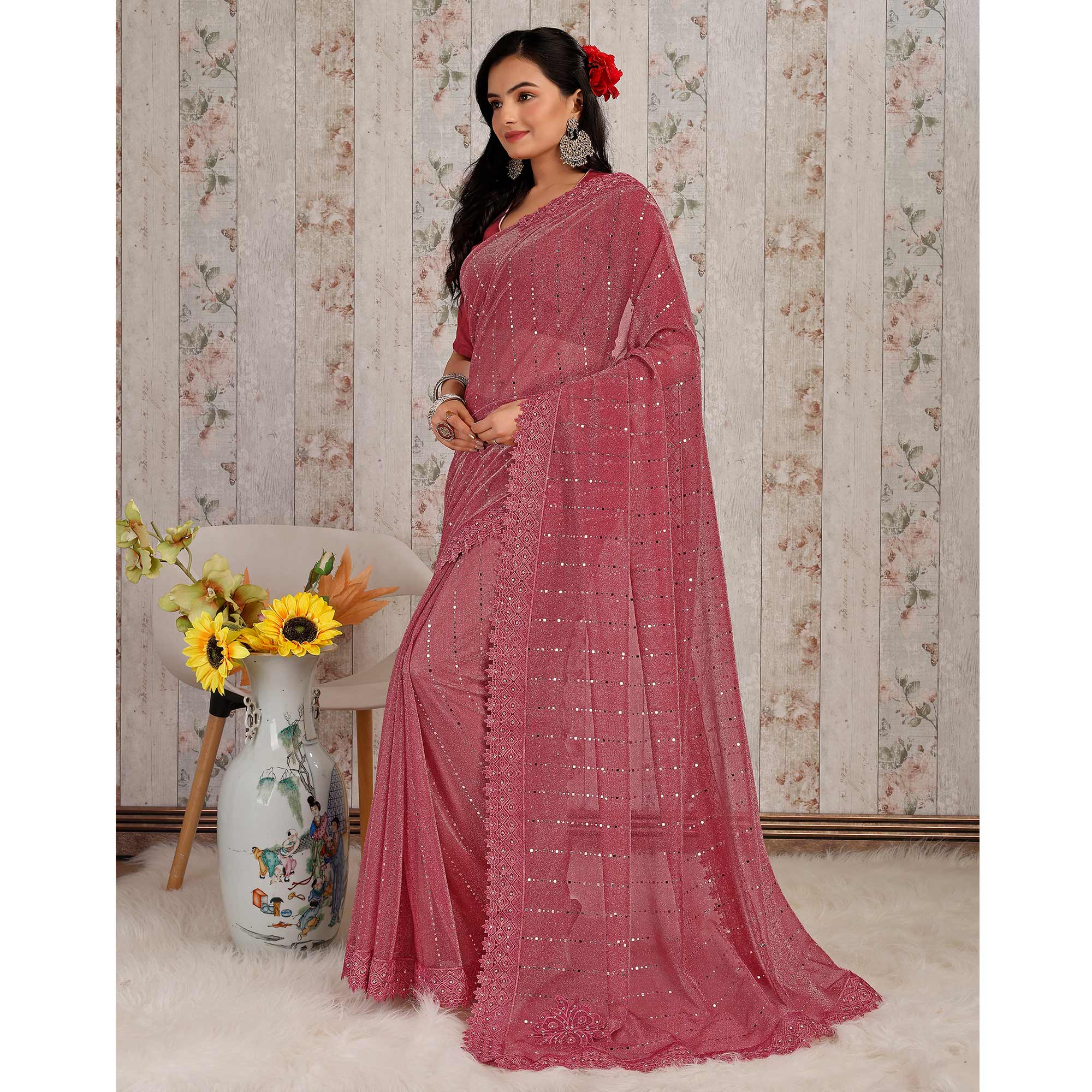 Gajari Pink Tikali With Floral Embroidered Lycra Saree