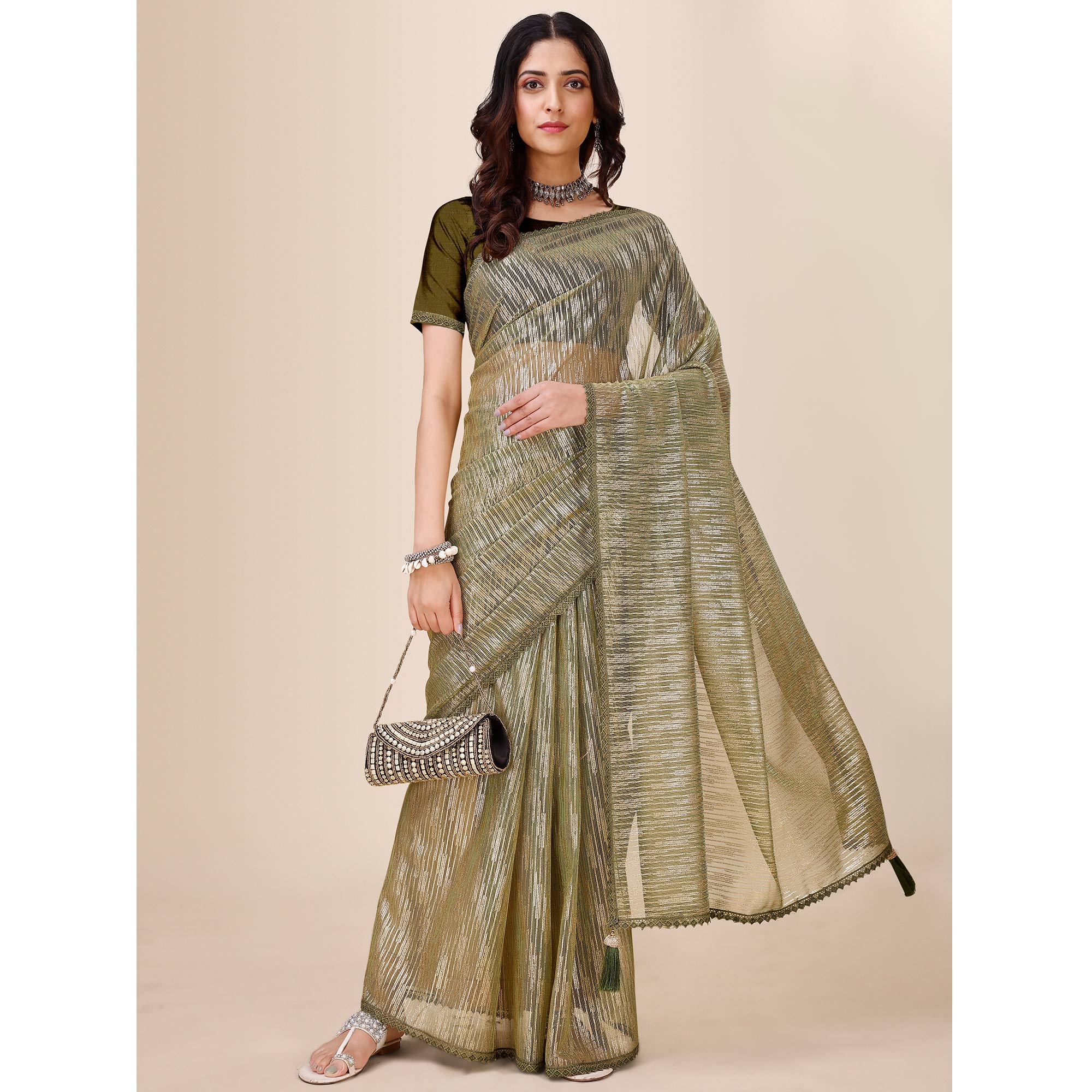 Mehandi Green Foil Printed Lycra Saree