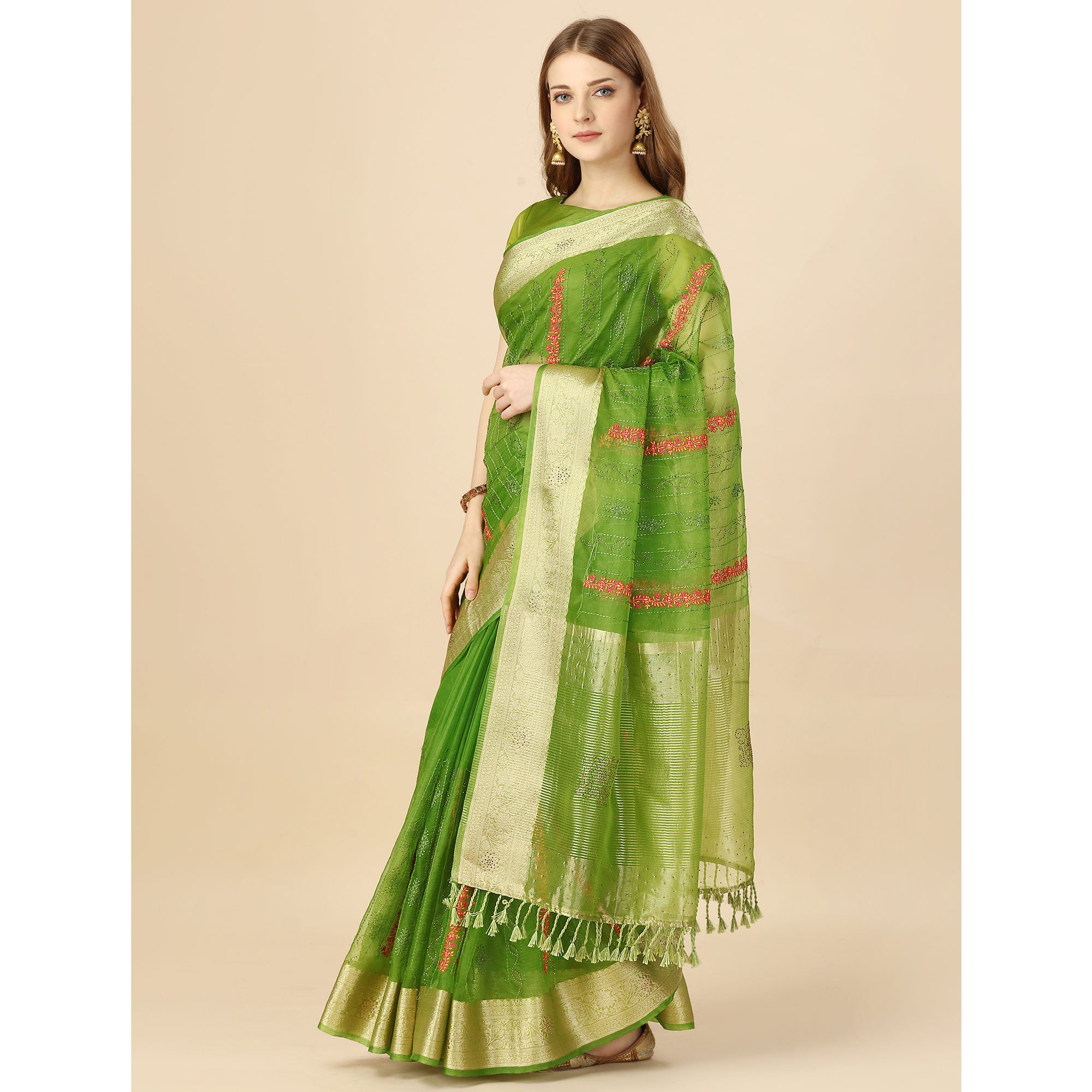 Green Floral Embroidery With Swarovski Work Organza Saree