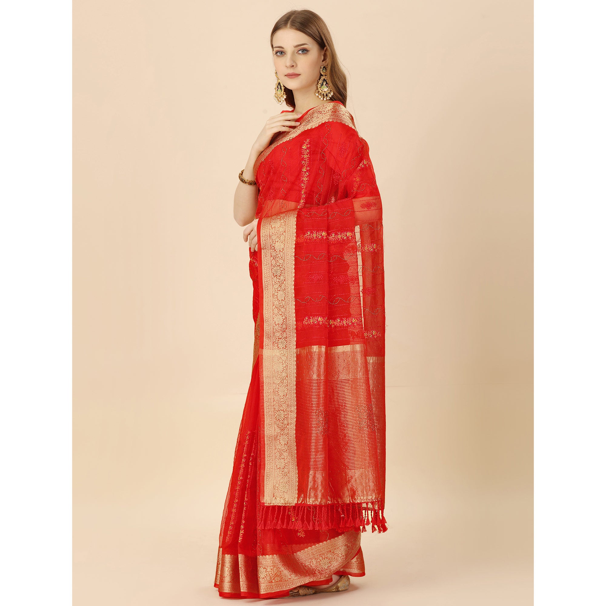 Red Floral Embroidery With Swarovski Work Organza Saree