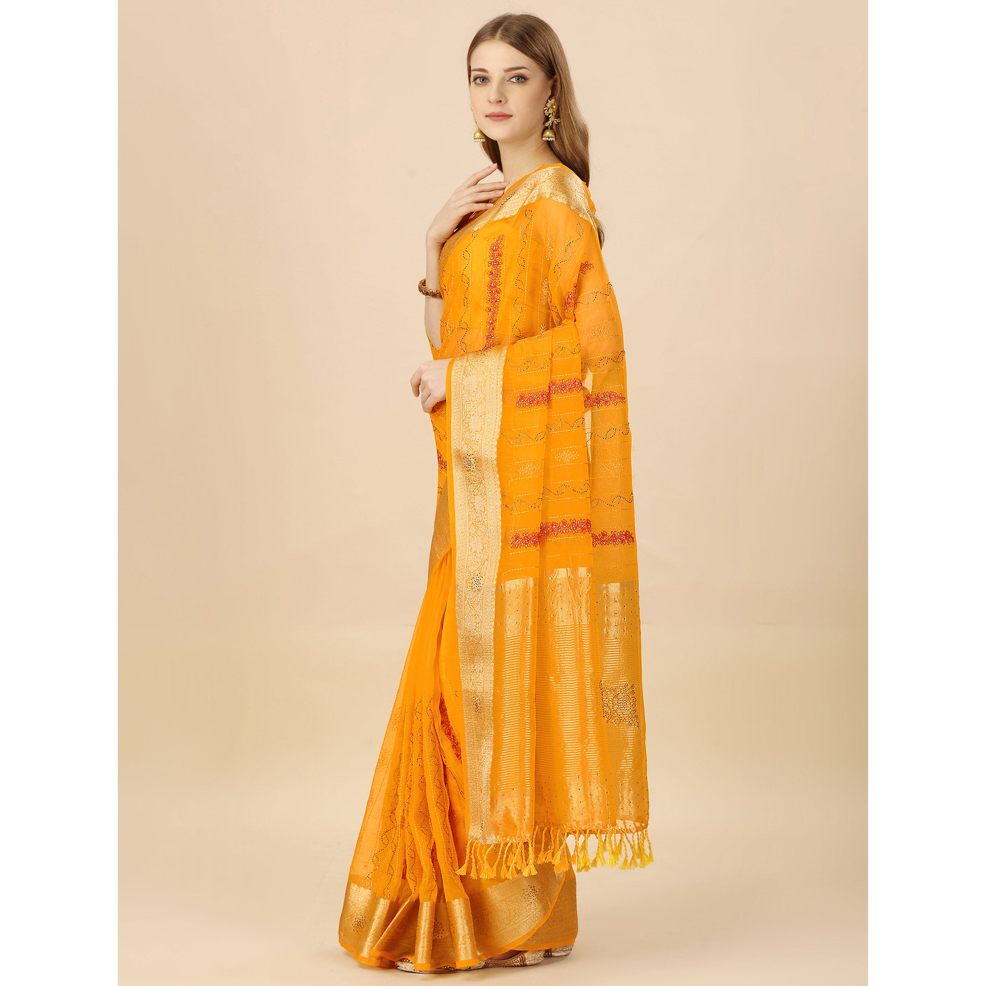 Yellow Floral Embroidery With Swarovski Work Organza Saree