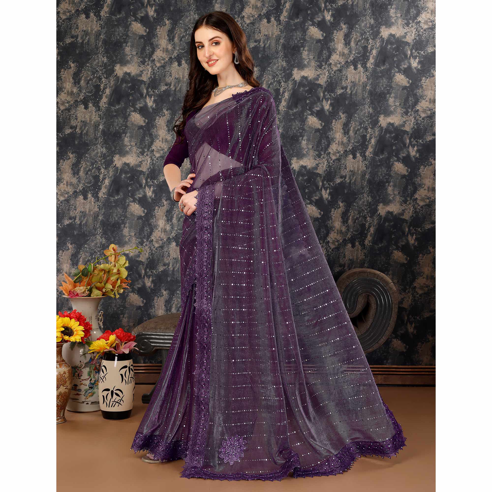 Purple Tikali Work Lycra Saree With Embroidered Lace Border