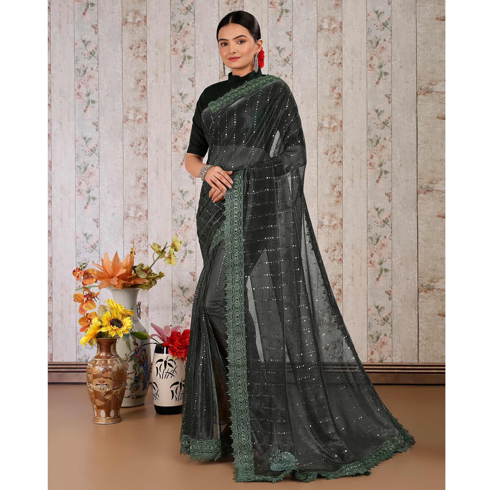 Green Tikali Work Lycra Saree With Embroidered Lace Border