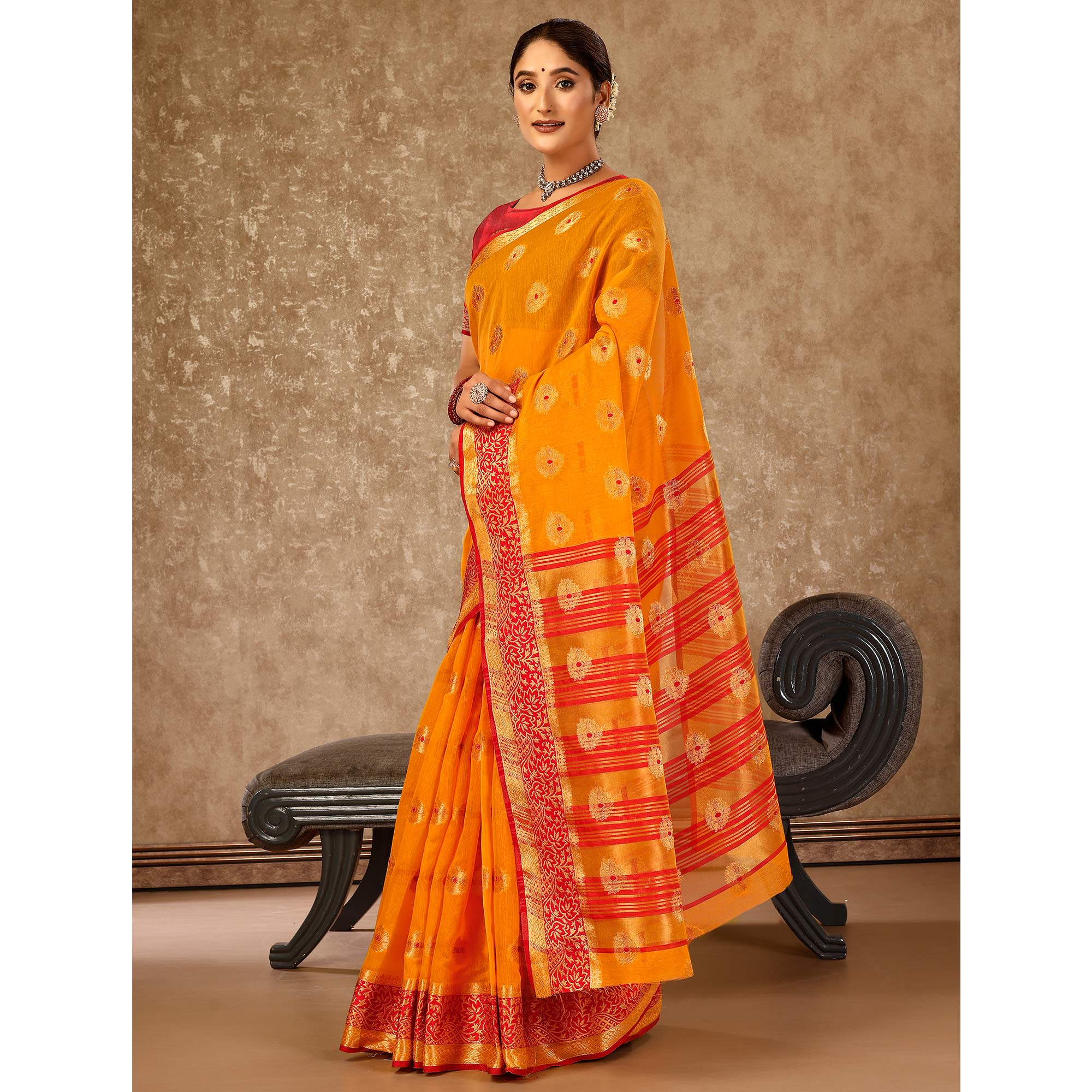 Mustard Floral Zari Woven Cotton Silk Saree