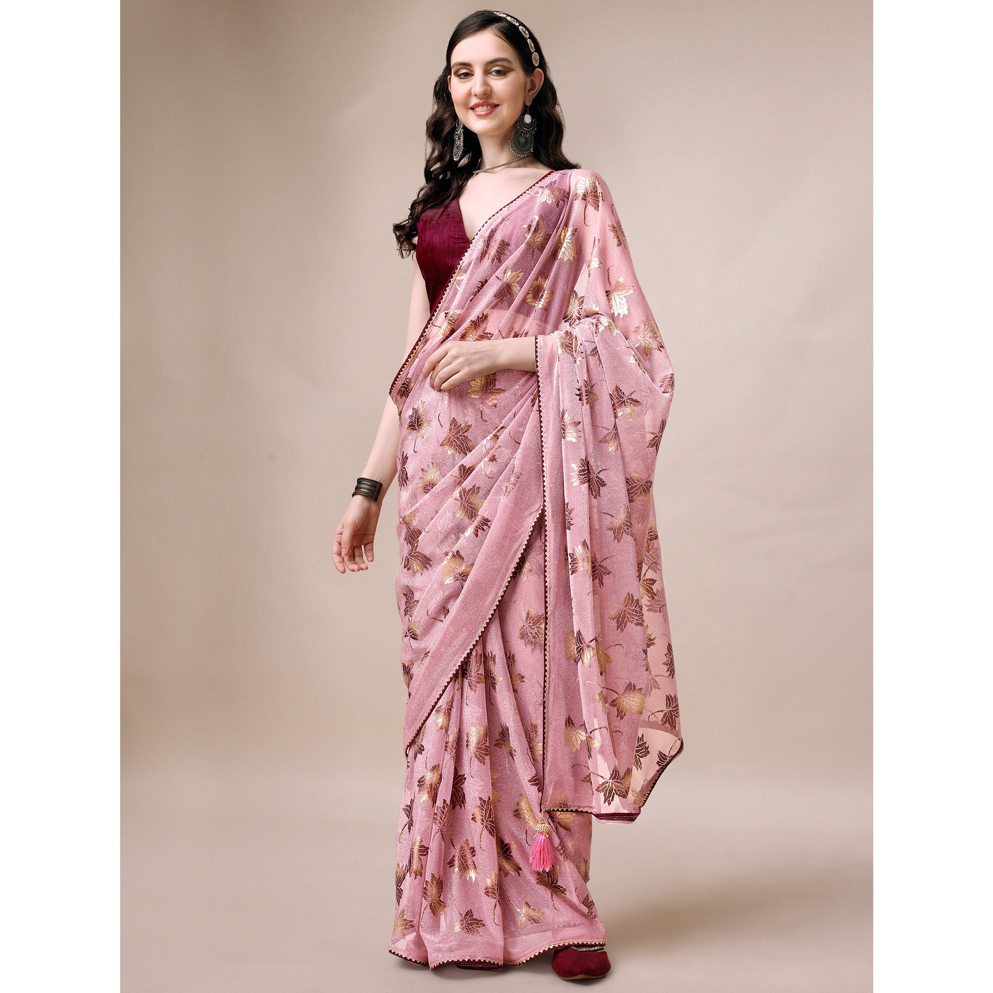 Pink Floral Foil Printed Rayon Saree