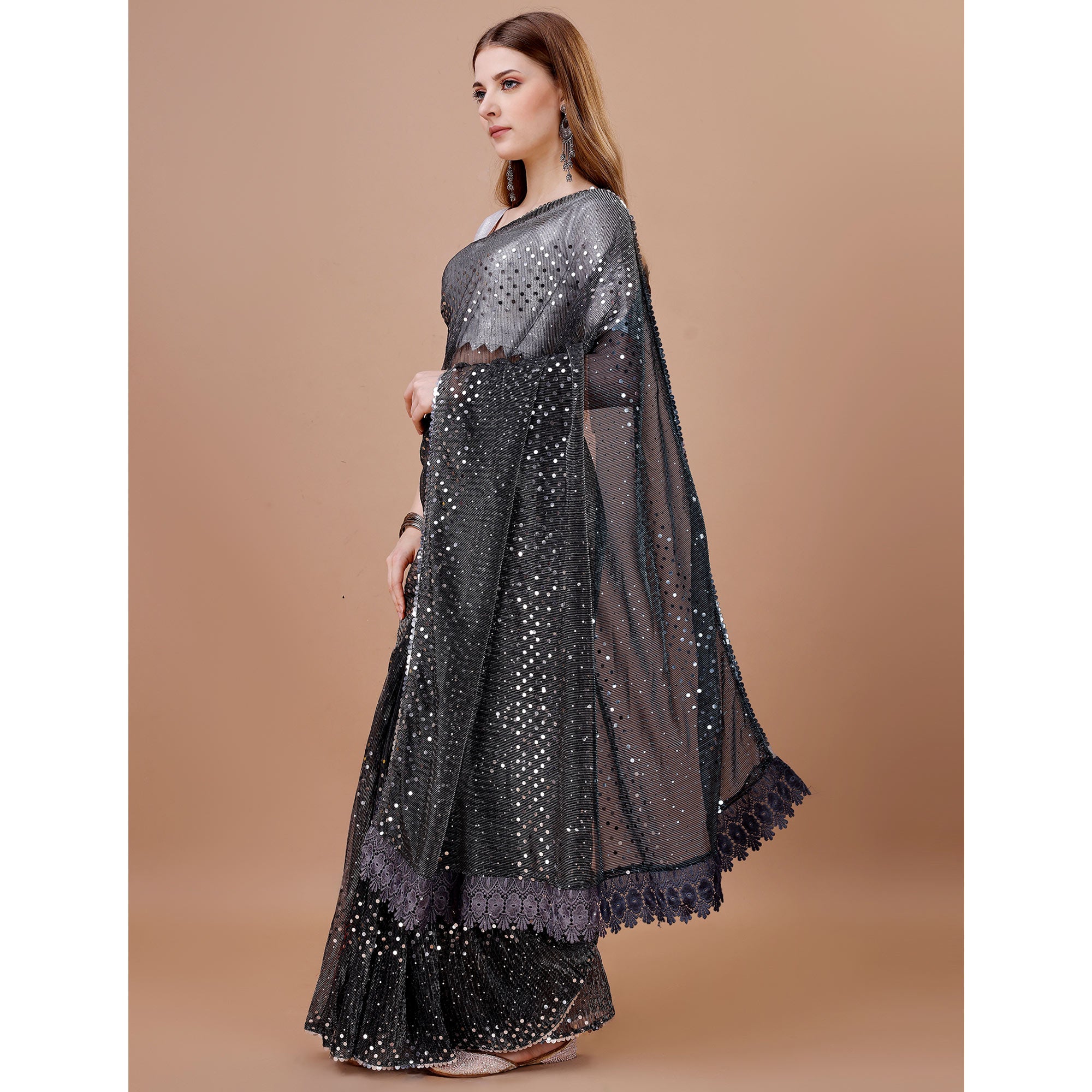 Black Sequins Embroidered Lycra Saree