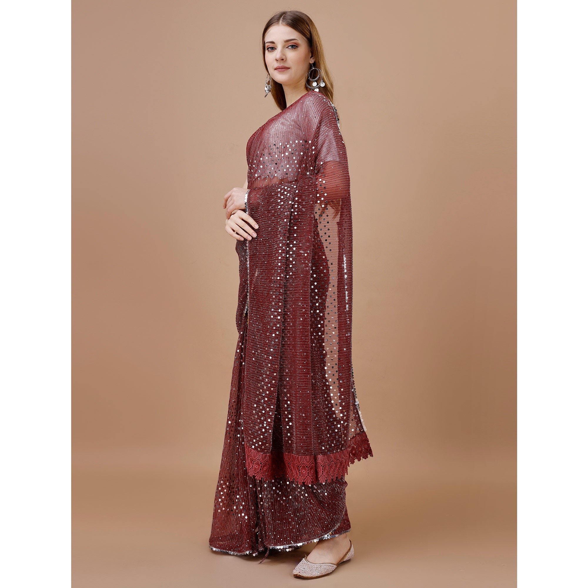 Maroon Sequins Embroidered Lycra Saree