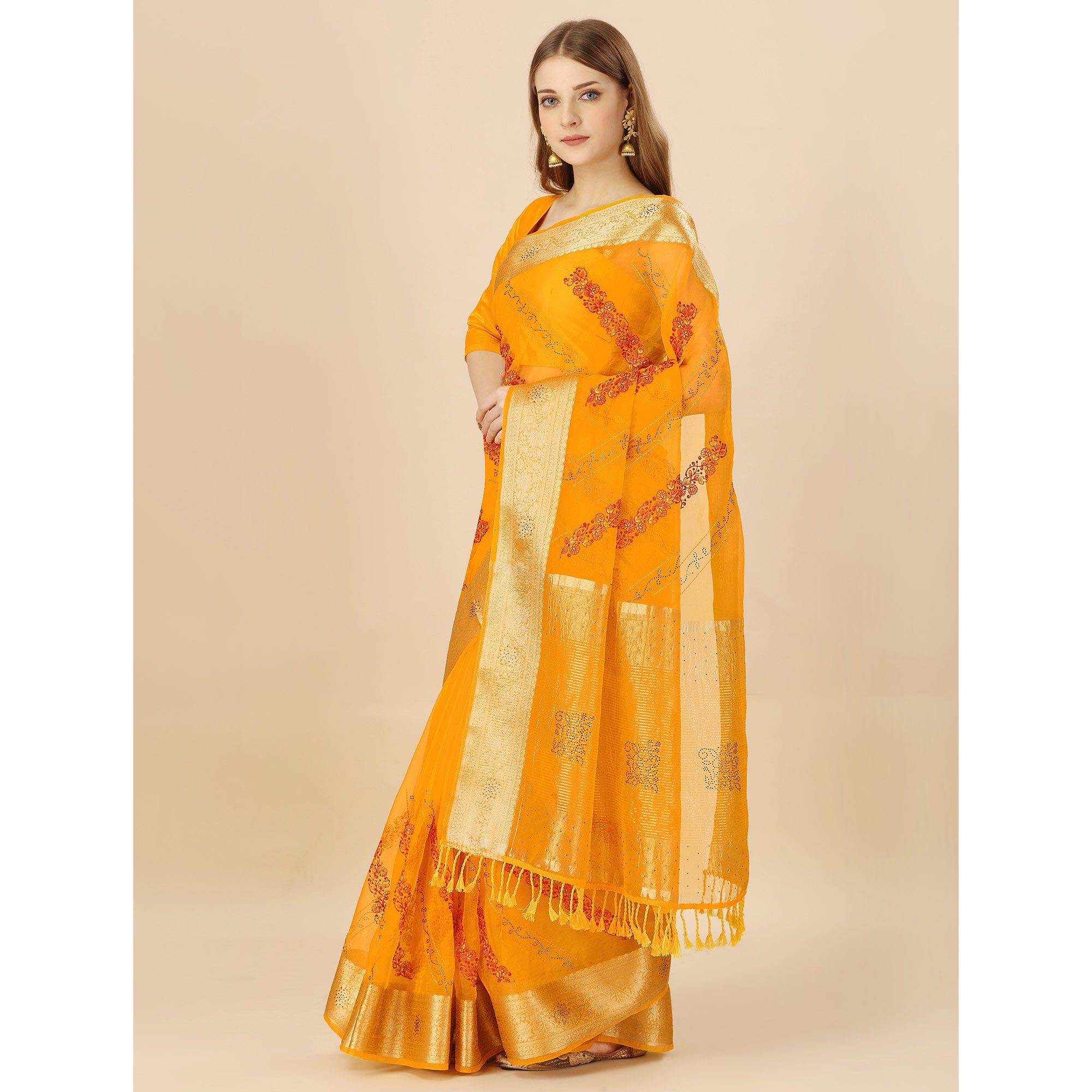 Yellow Floral Embroidery With Swarovski Work Organza Saree