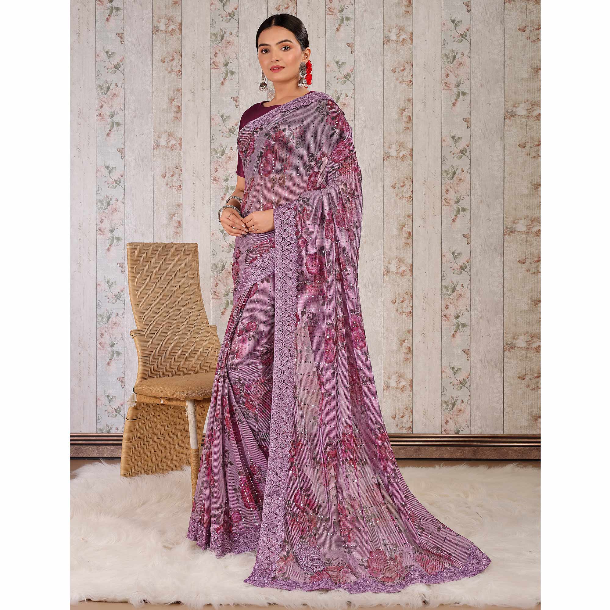 Purple Floral Digital Printed Lycra Saree With Embroidered Border