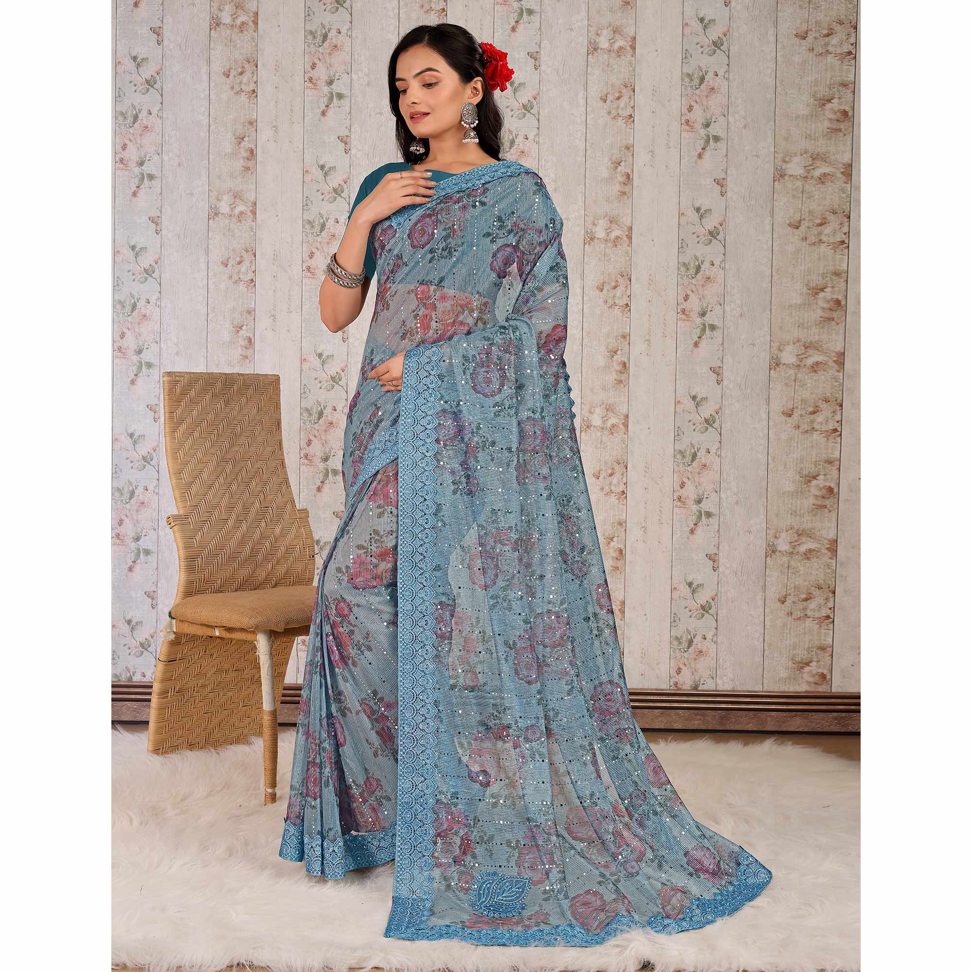 Blue Floral Digital Printed Lycra Saree With Embroidered Border