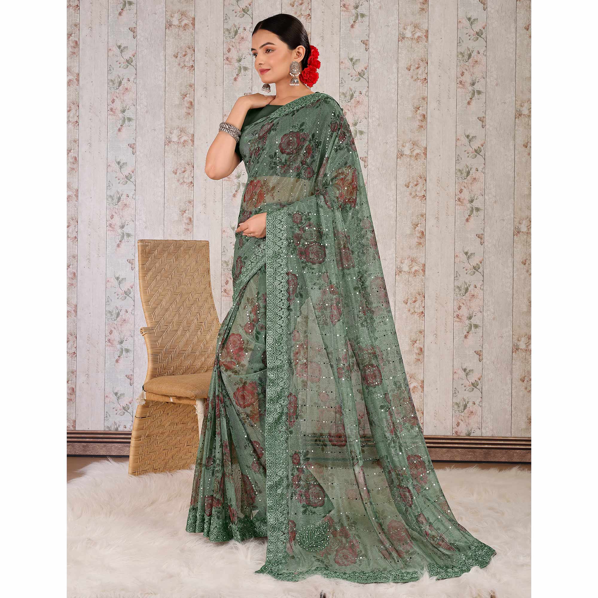 Green Floral Digital Printed Lycra Saree With Embroidered Border