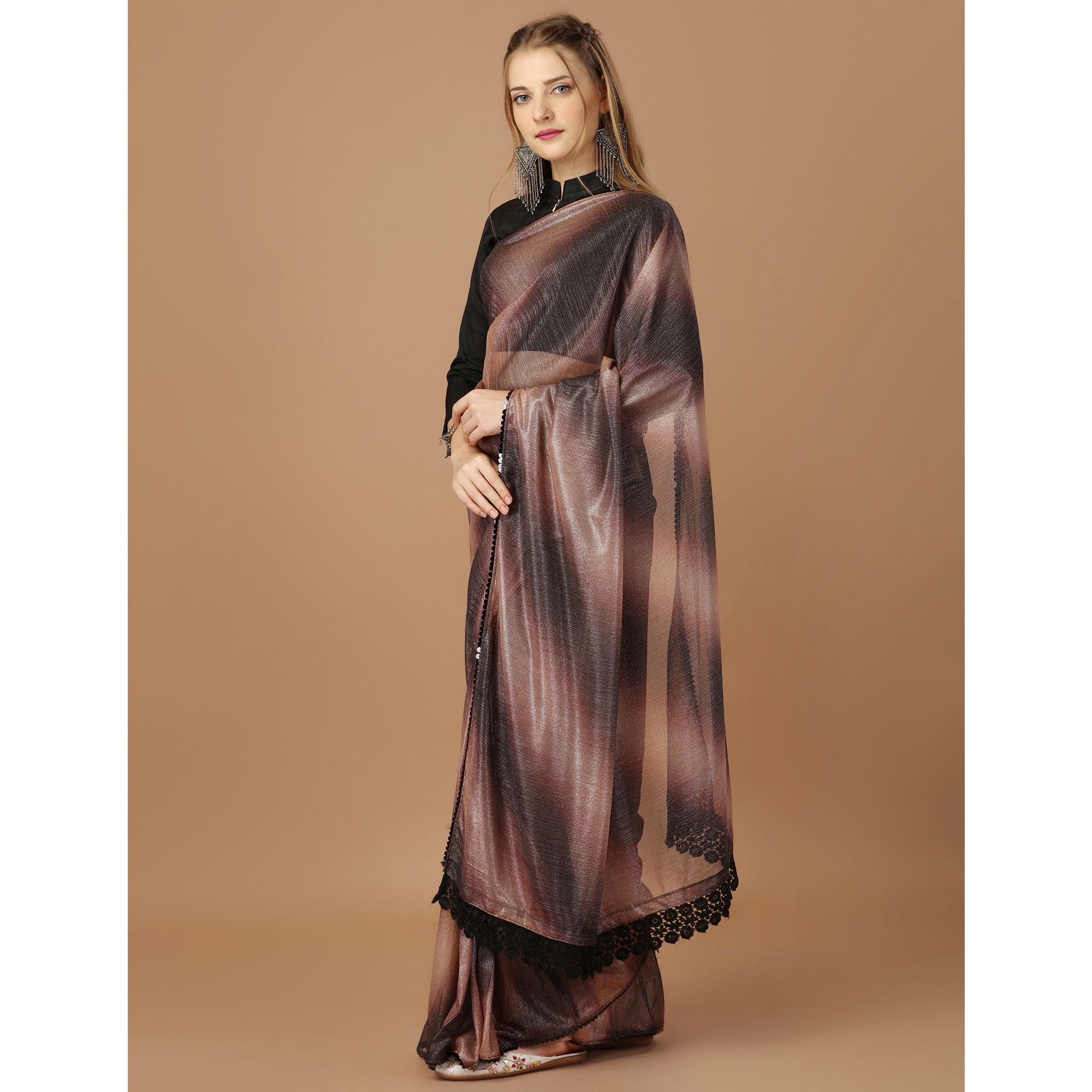 Brown Digital Printed Lycra Saree With Lace Border