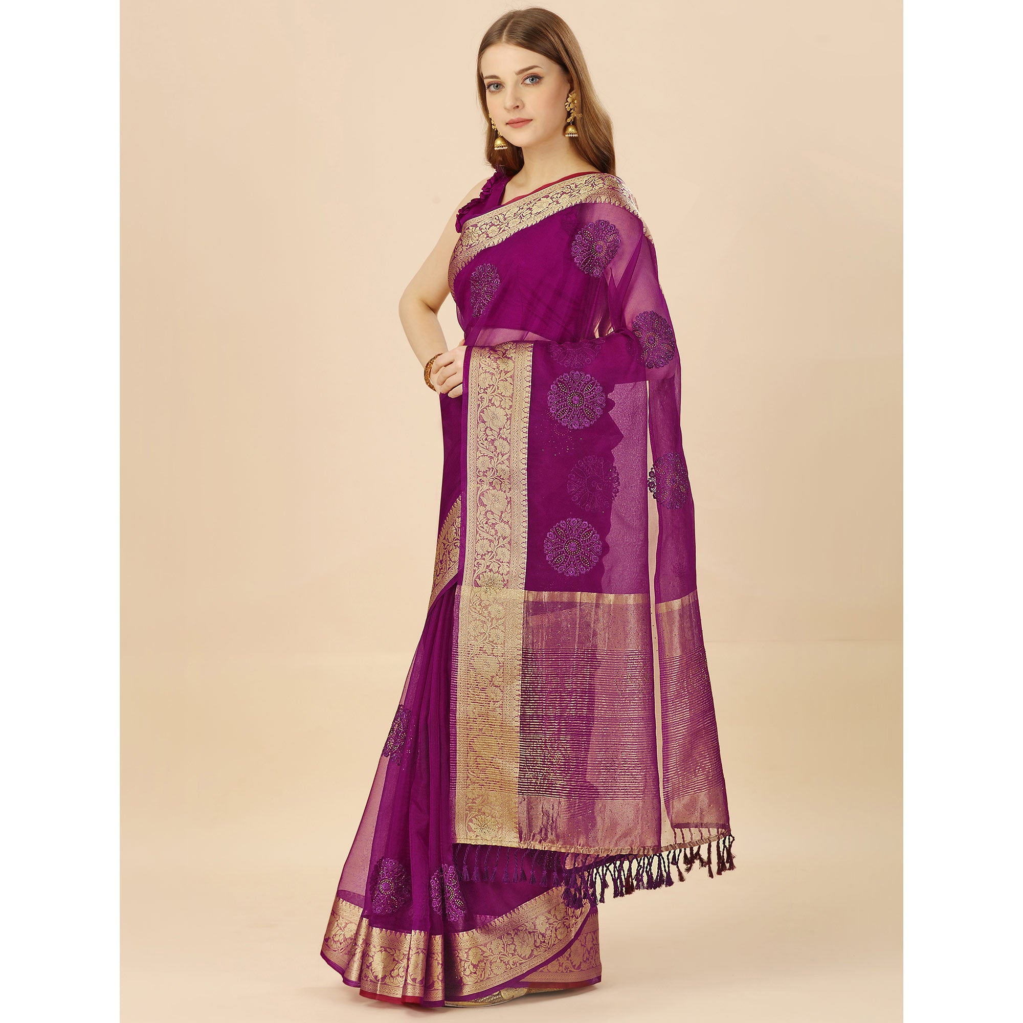 Purple Floral Embroidery With Swarovski Work Organza Saree