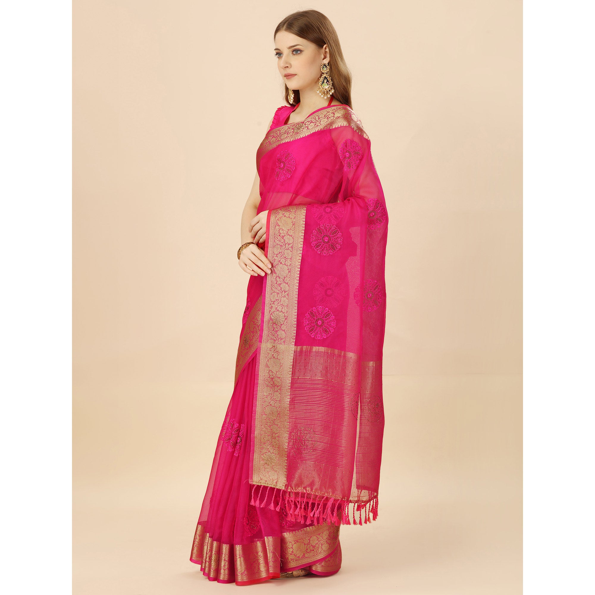 Rani Pink Floral Embroidery With Swarovski Work Organza Saree