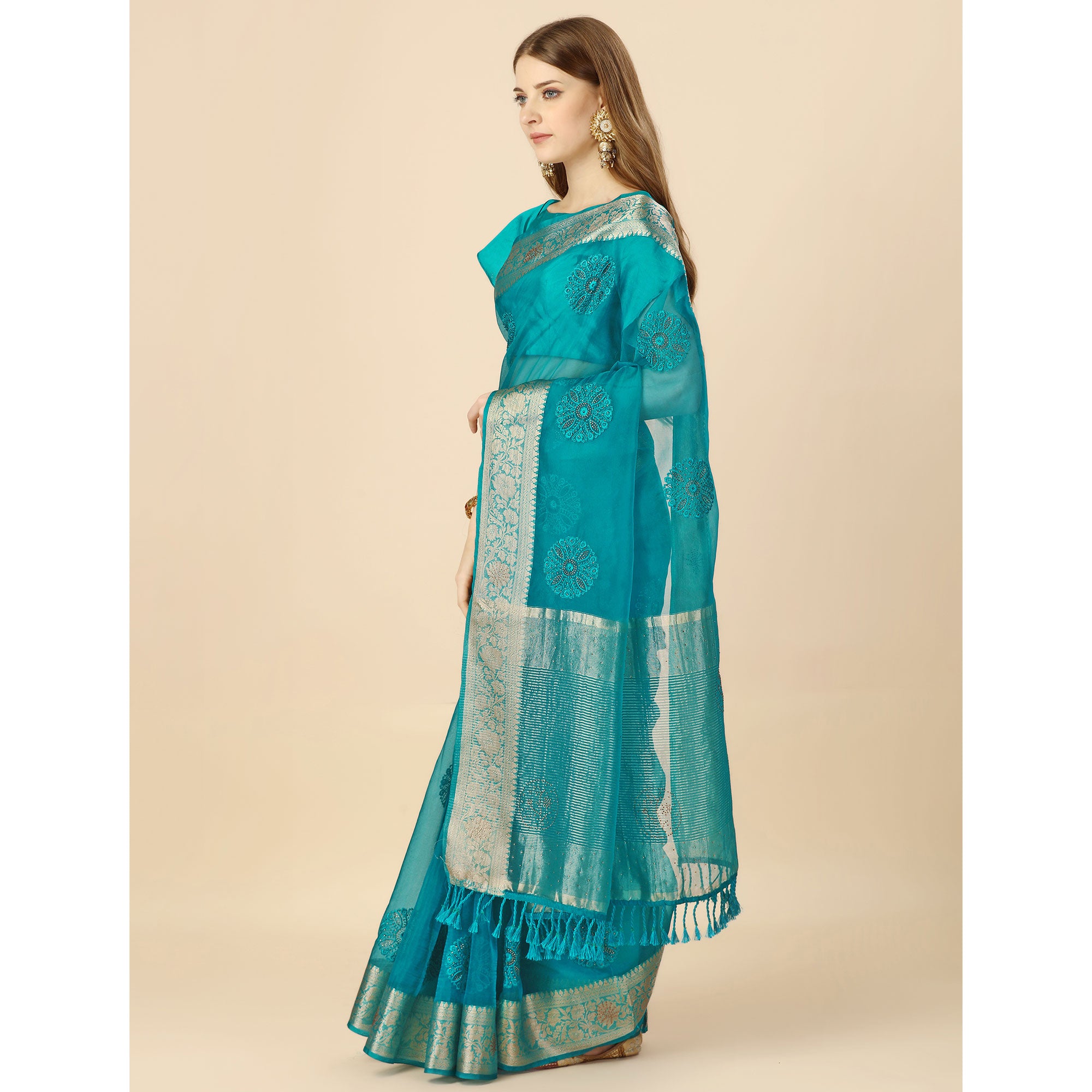 Rama Blue Floral Embroidery With Swarovski Work Organza Saree