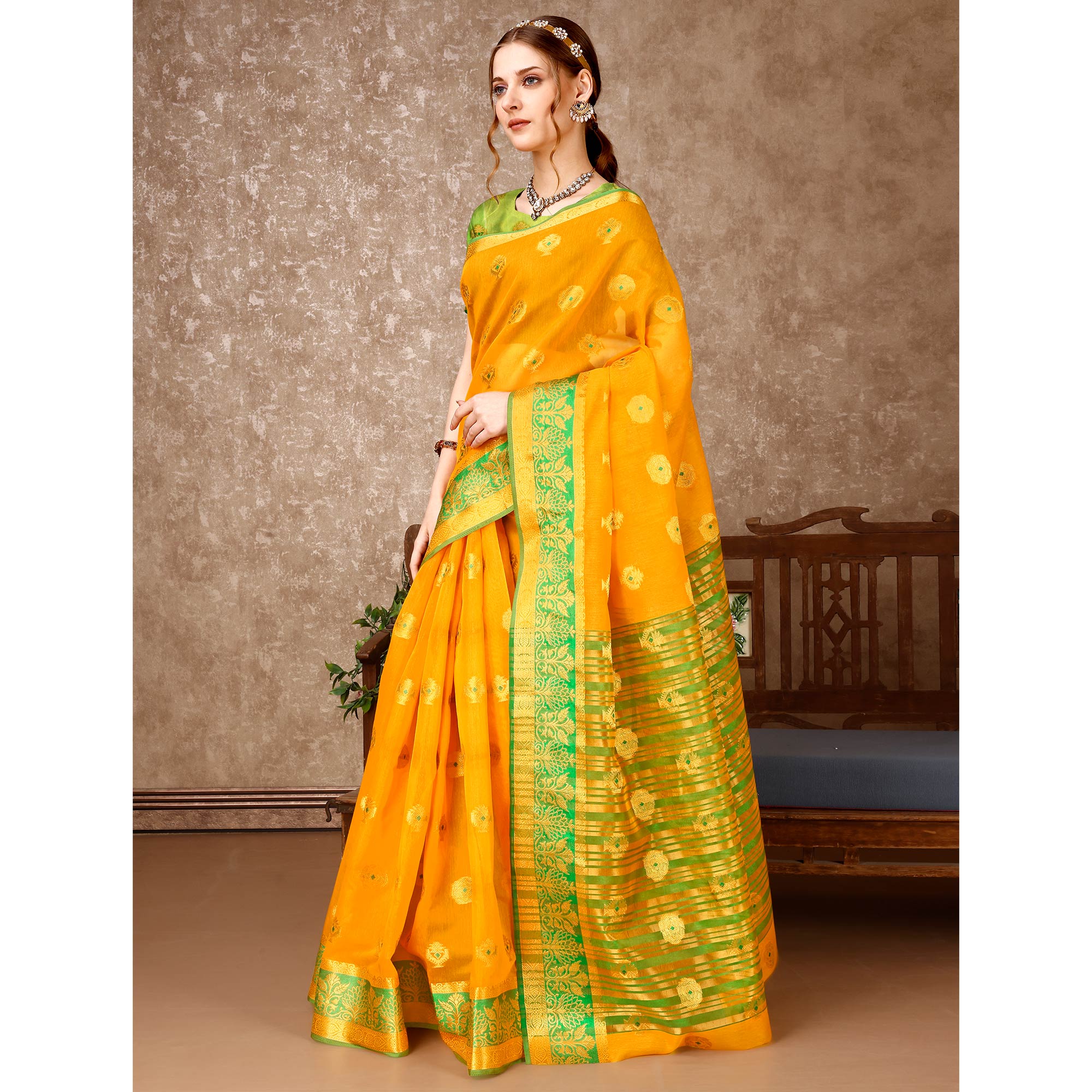 Yellow Floral Woven Cotton Silk Saree