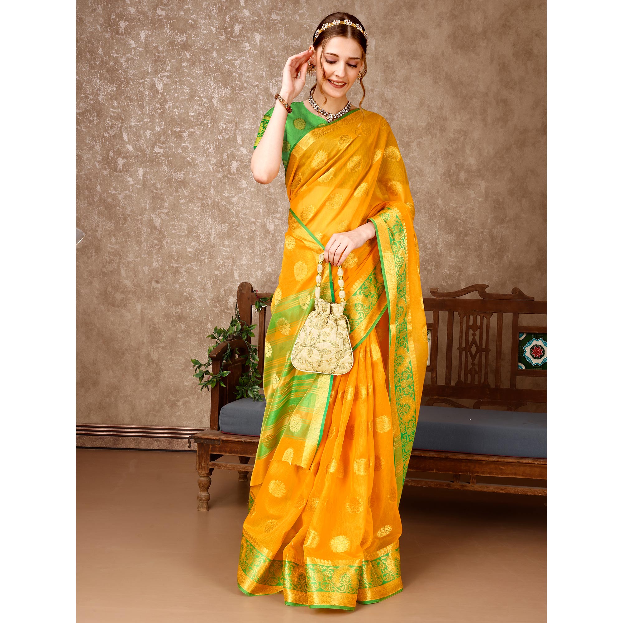 Yellow Floral Woven Cotton Silk Saree