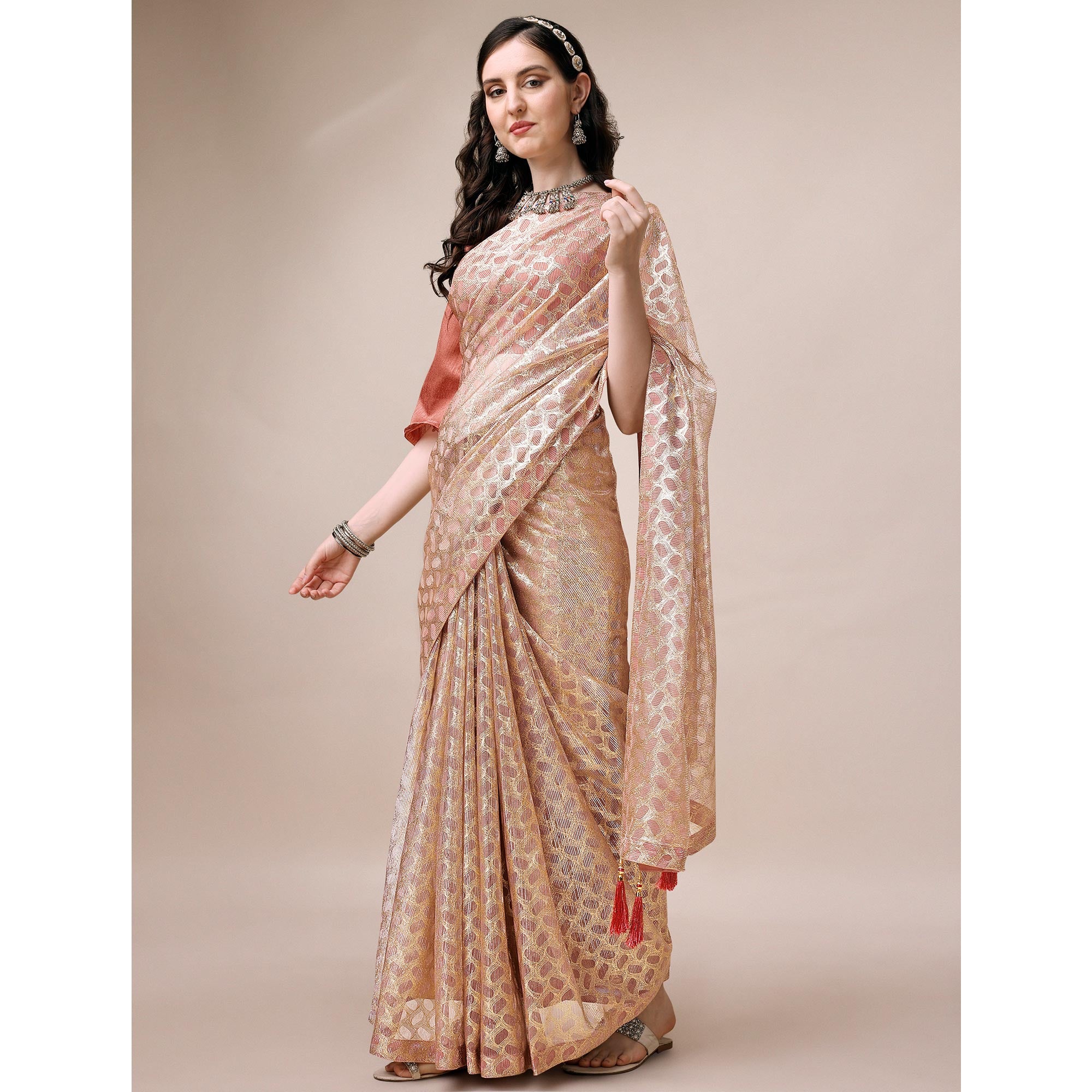 Onion Pink Foil Printed Rayon Saree