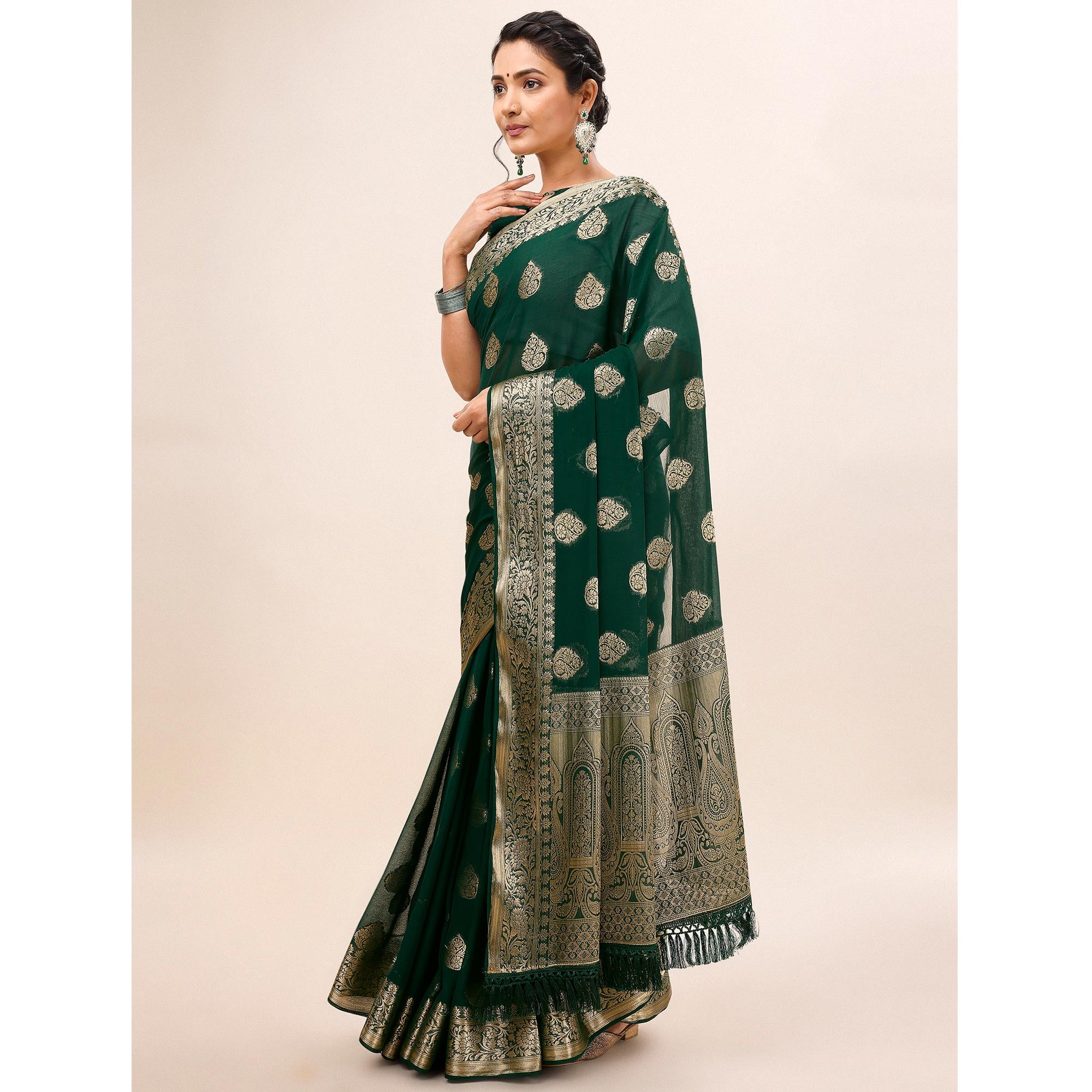 Dark Green Woven Chiffon Saree With Tassels