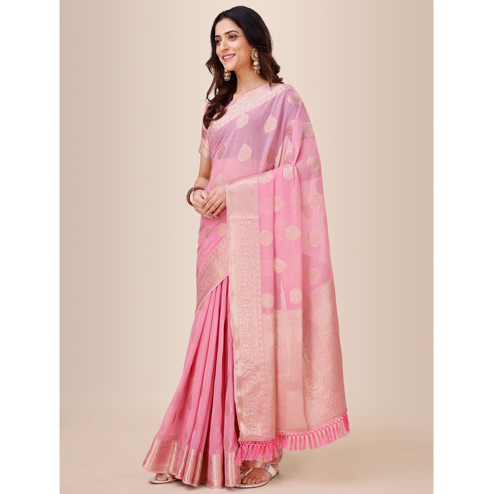 Light Pink Woven Chiffon Saree