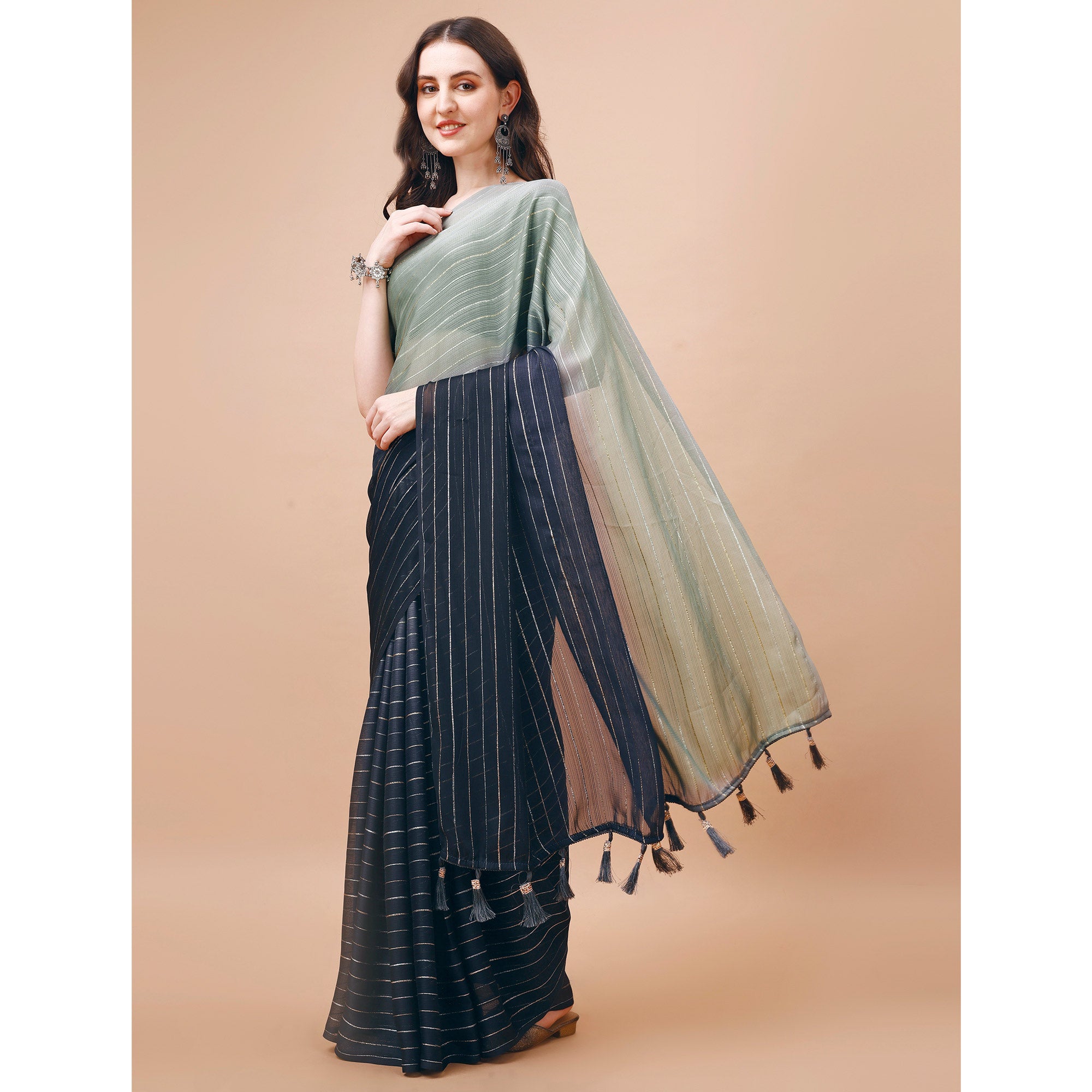 Grey Zari Woven Chiffon Saree