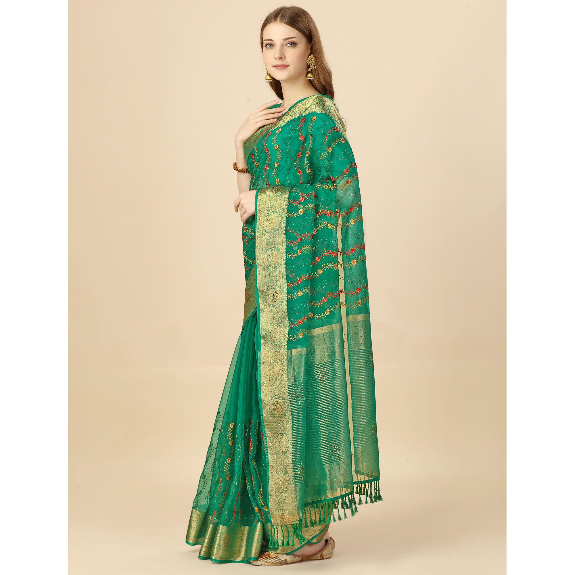 Green Floral Embroidery With Swarovski Work Organza Saree