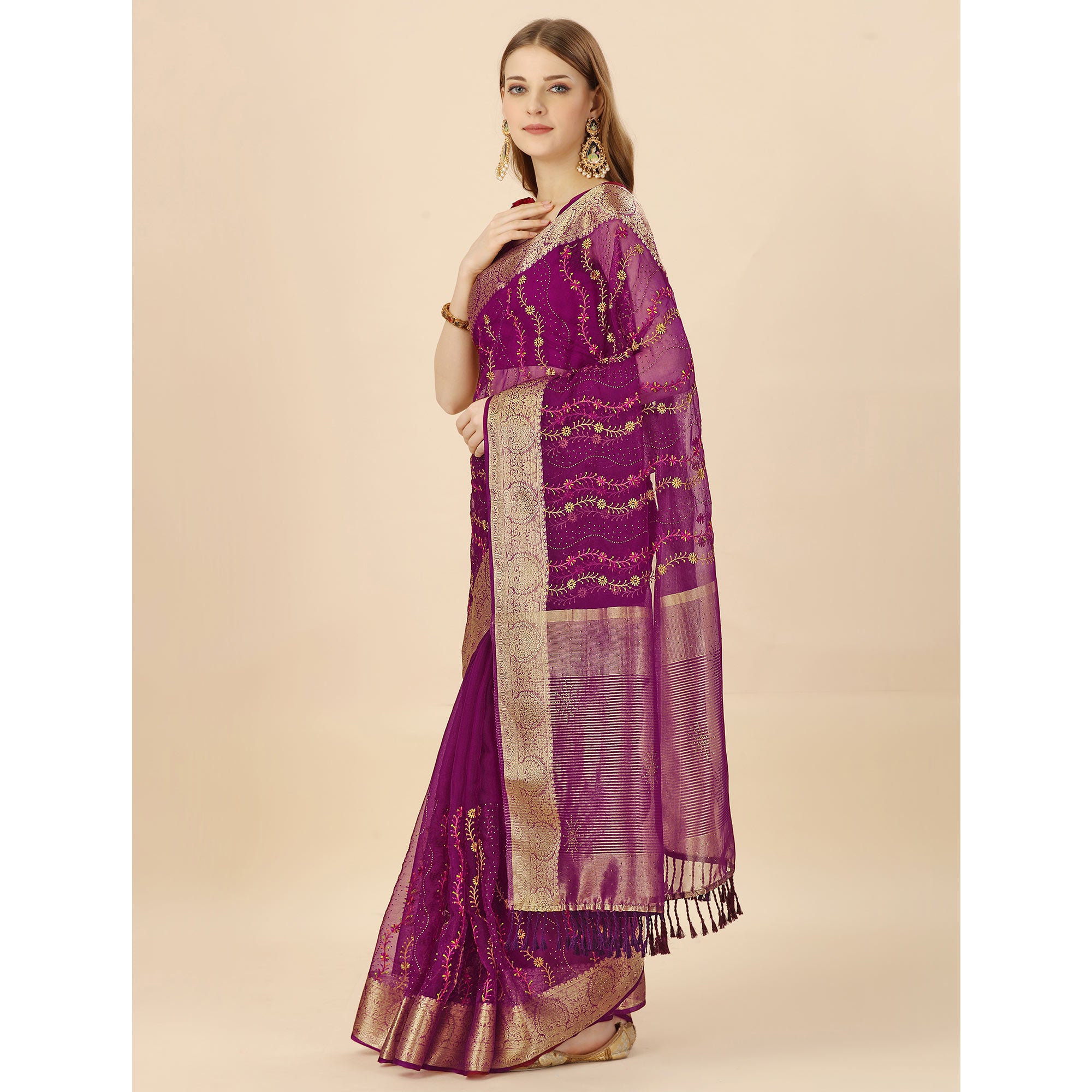 Purple Floral Embroidery With Swarovski Work Organza Saree