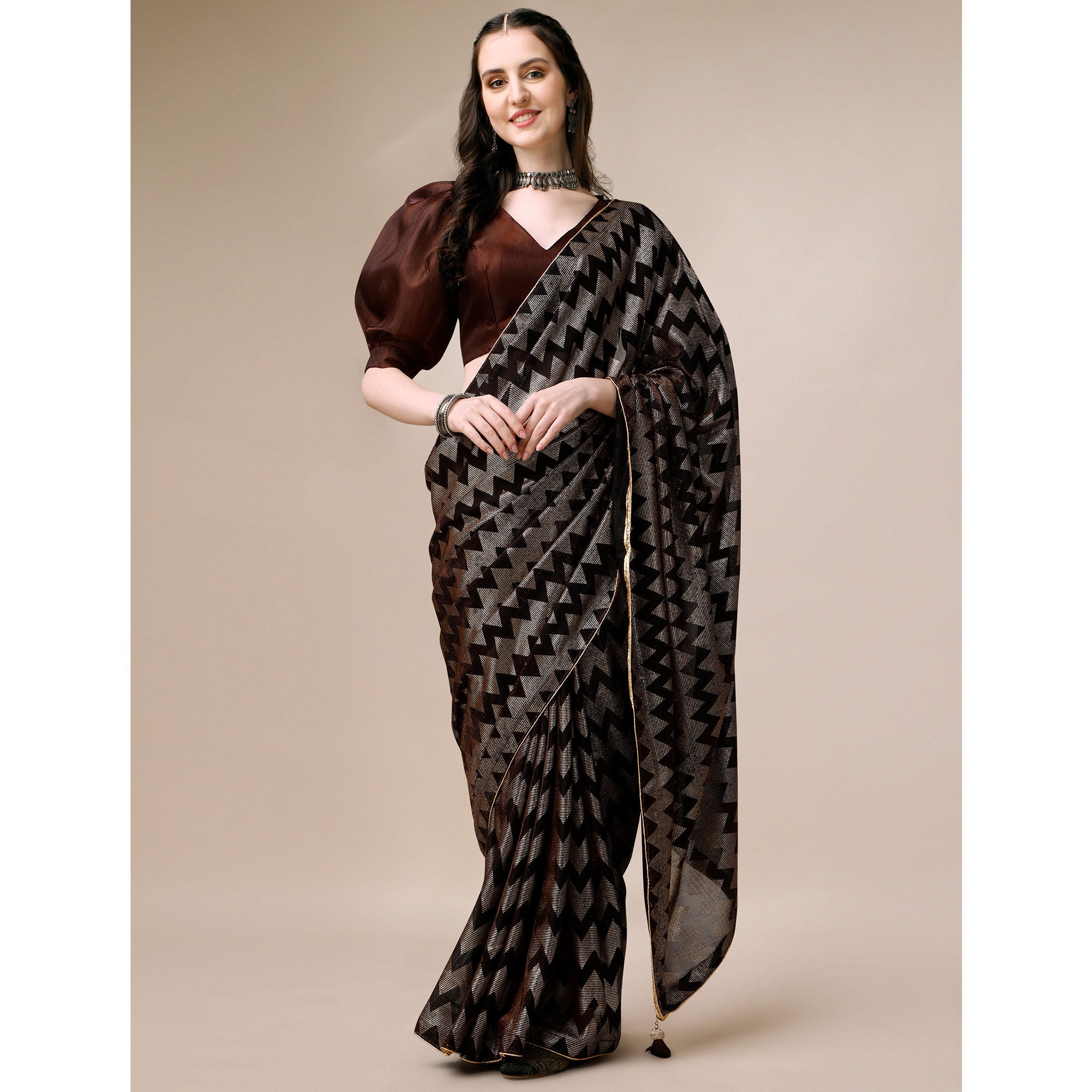 Brown Digital Foil Printed Rayon Saree