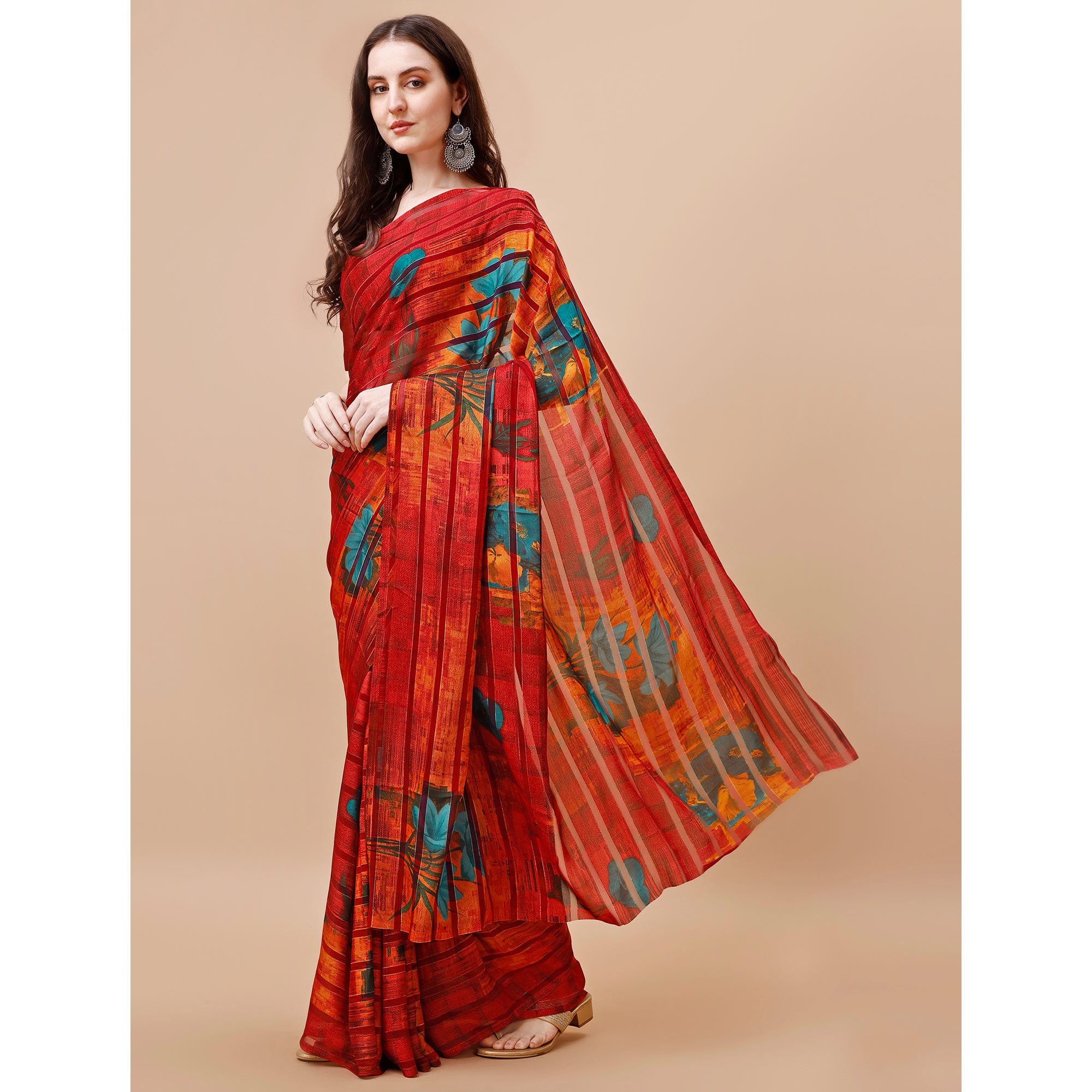 Red Floral Printed Georgette Saree